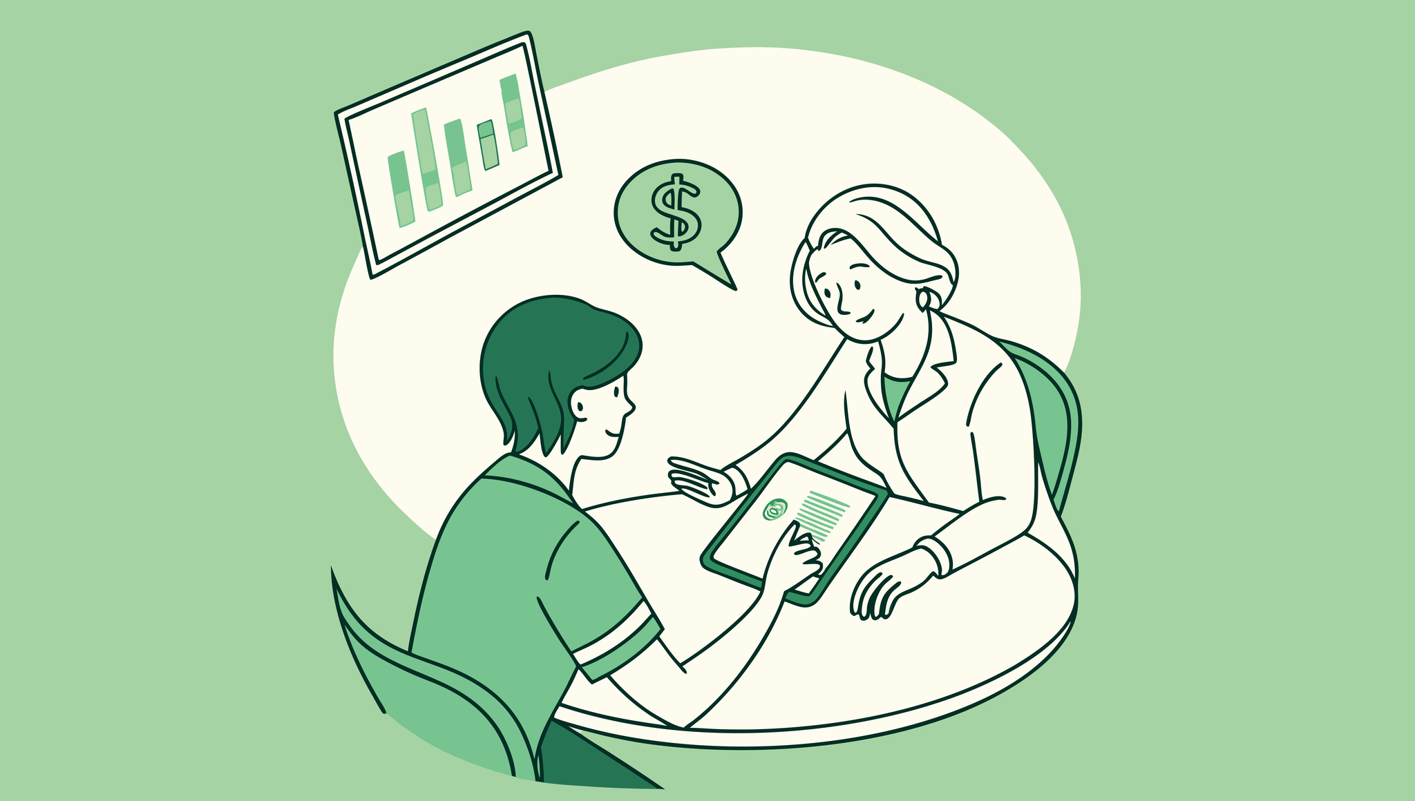 Stylized green illustration of a financial advisor and pediatric physical therapy practice owner discussing merger strategy at a meeting table. SovDoc healthcare M&A firm supporting pediatric therapy practice transitions through expert advisory services.