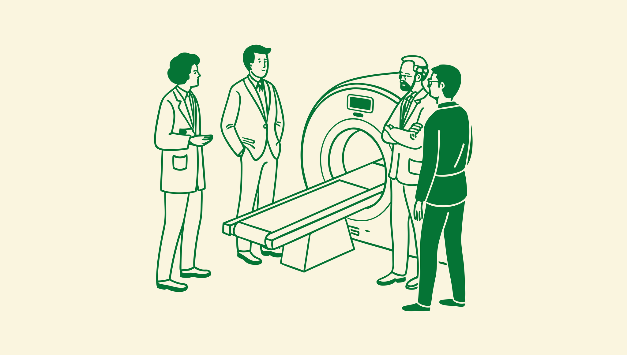 Business professionals gather around medical imaging equipment in a strategic discussion, representing SovDoc's expertise in radiology practice mergers and acquisitions and financing advisory services.