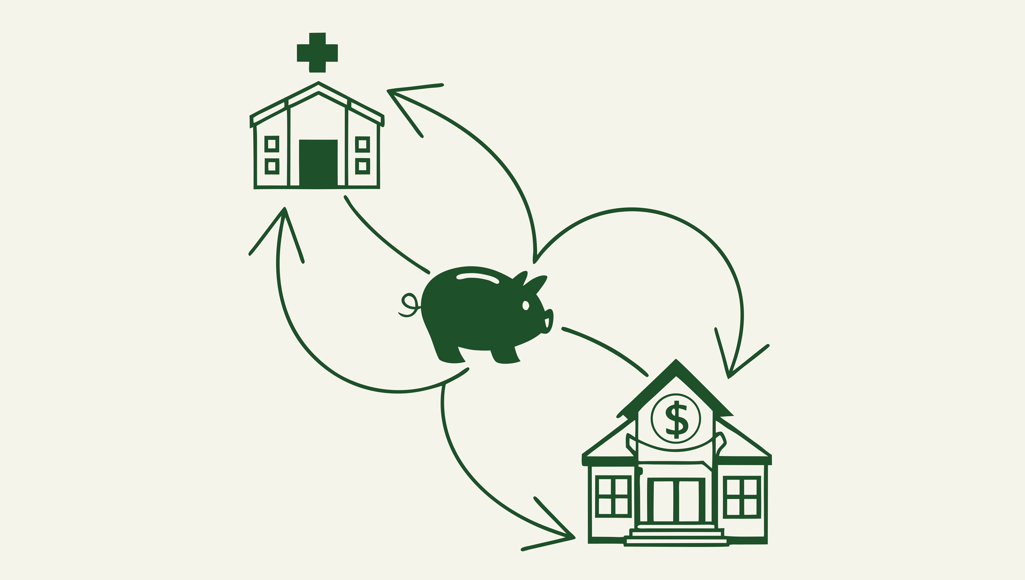 Minimalist green illustration showing interconnected school and community buildings flowing toward a central piggy bank, representing SovDoc's expertise in financial advisory for school and community-based ABA medical practice mergers and acquisitions.