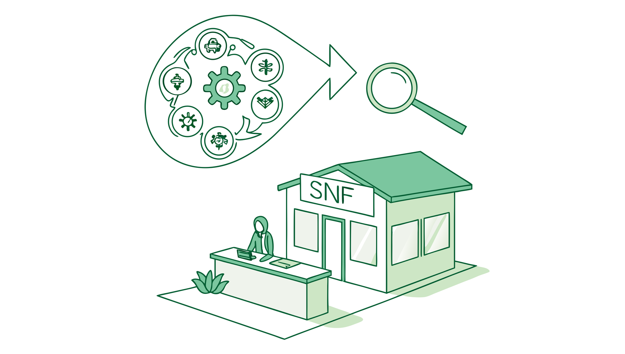 SovDoc advisor roundup illustration showing SNF acquisition due diligence process with magnifying glasses analyzing a skilled nursing facility, representing healthcare M&A advisory services for medical practice mergers and acquisitions.