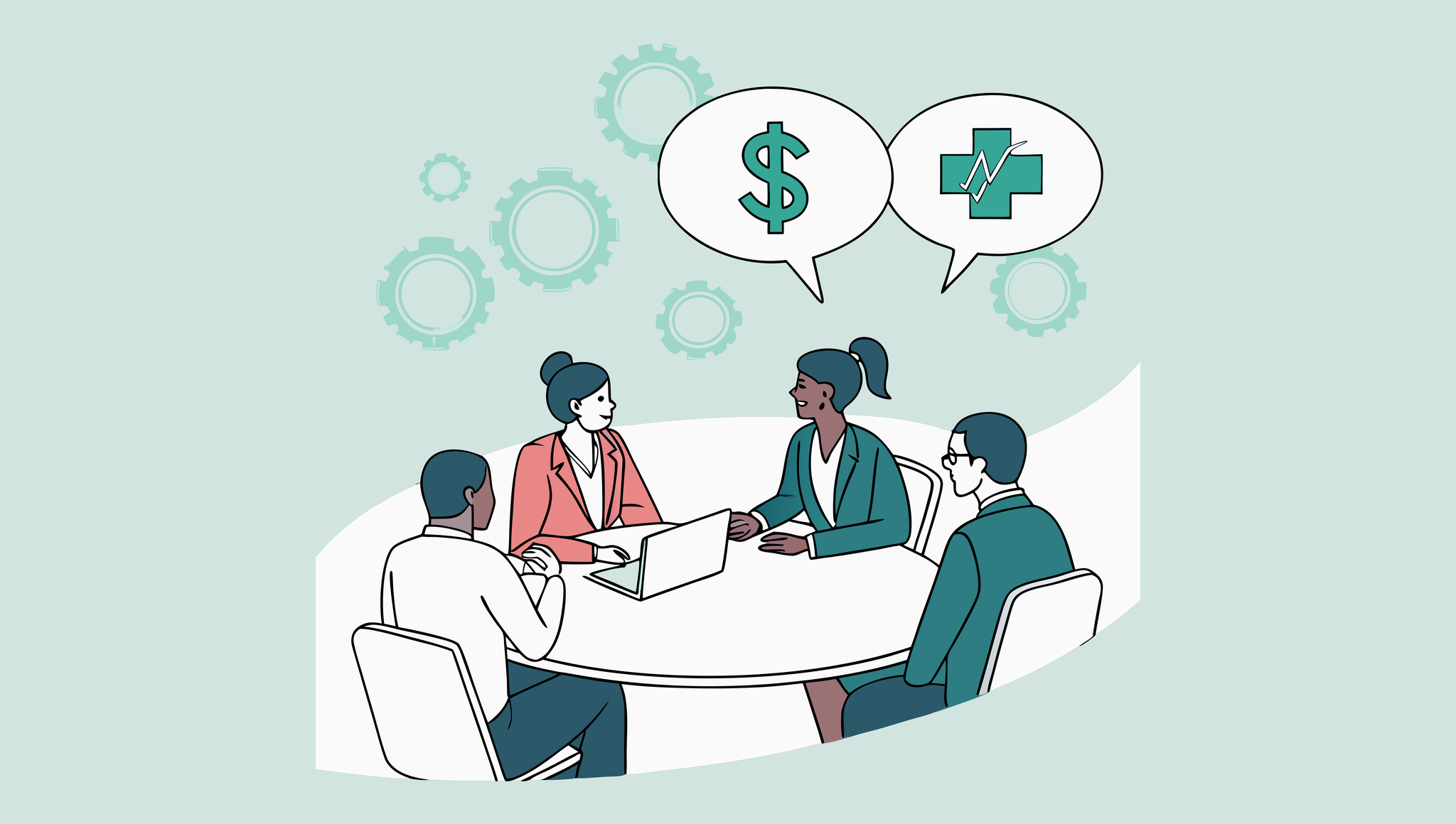 Illustration of diverse professionals discussing urology practice M&A at a conference table with financial and healthcare symbols - representing SovDoc's advisory services for urology practice mergers and acquisitions