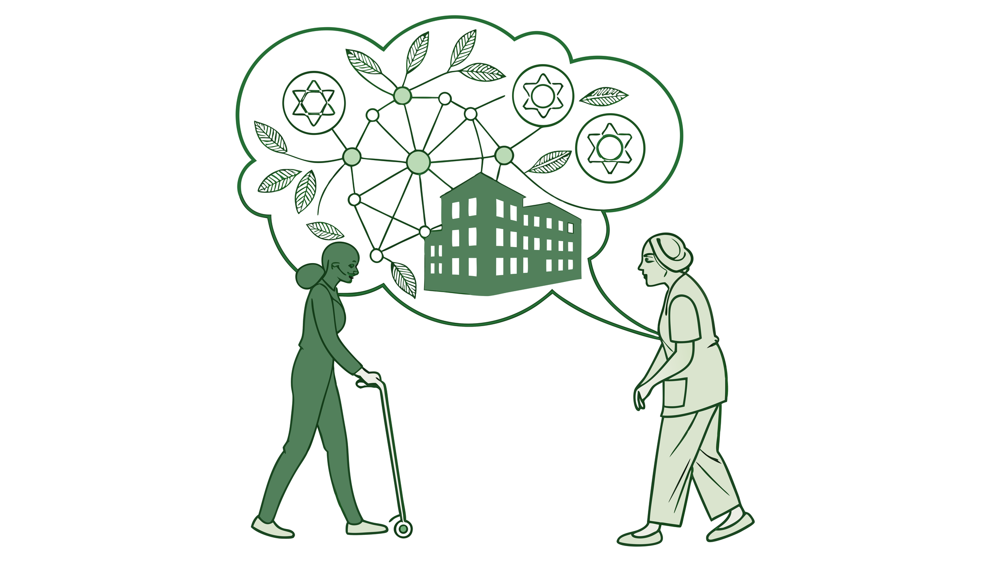 Illustration of interconnected healthcare networks with brokers and clients connected through assisted living facilities, representing SovDoc's expertise in medical practice mergers and acquisitions in the ALF sector.