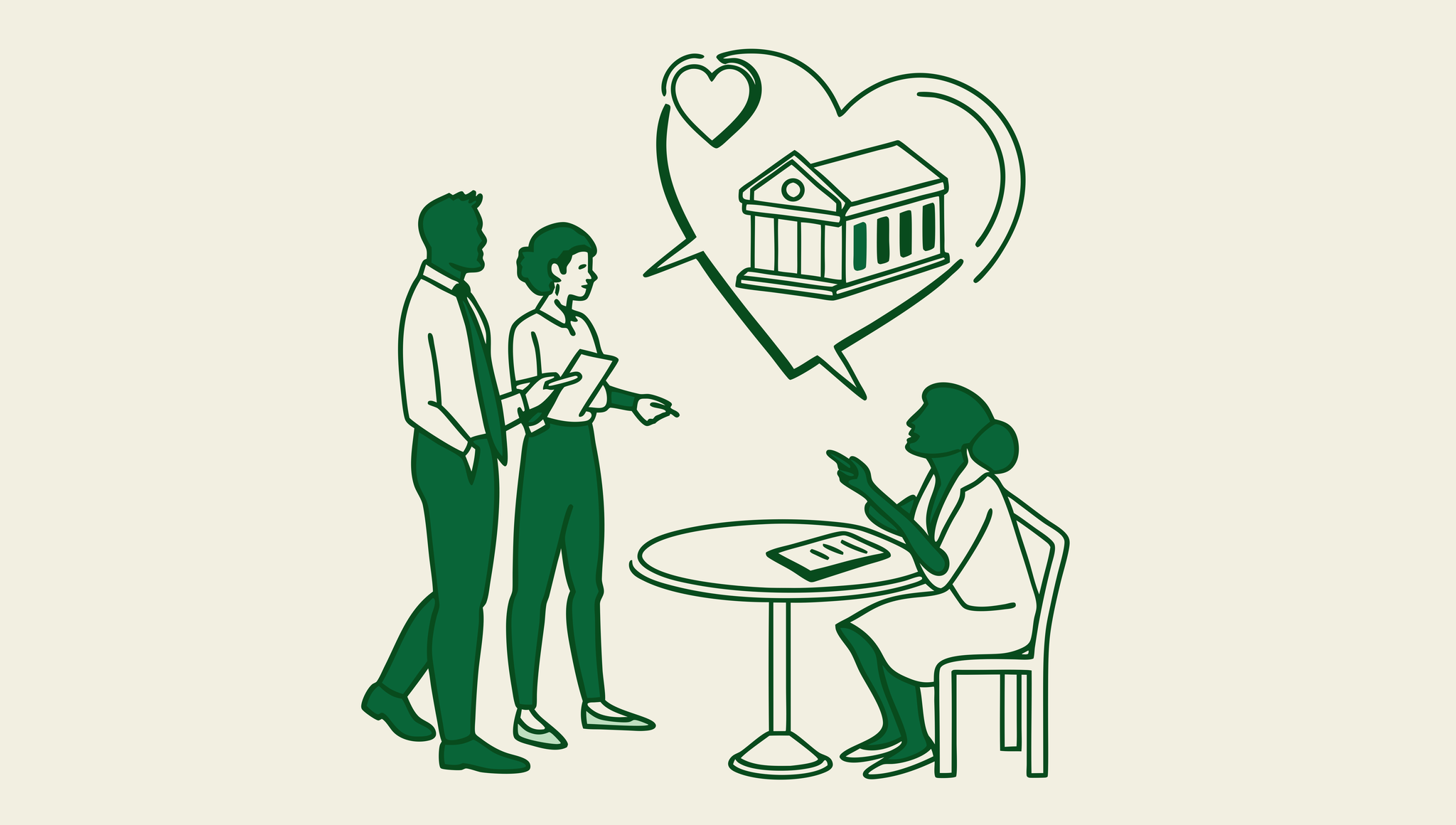 SovDoc healthcare M&A advisors discussing cardiology practice mergers and acquisitions, represented by professionals collaborating around a table with a heart symbol and building merger illustration