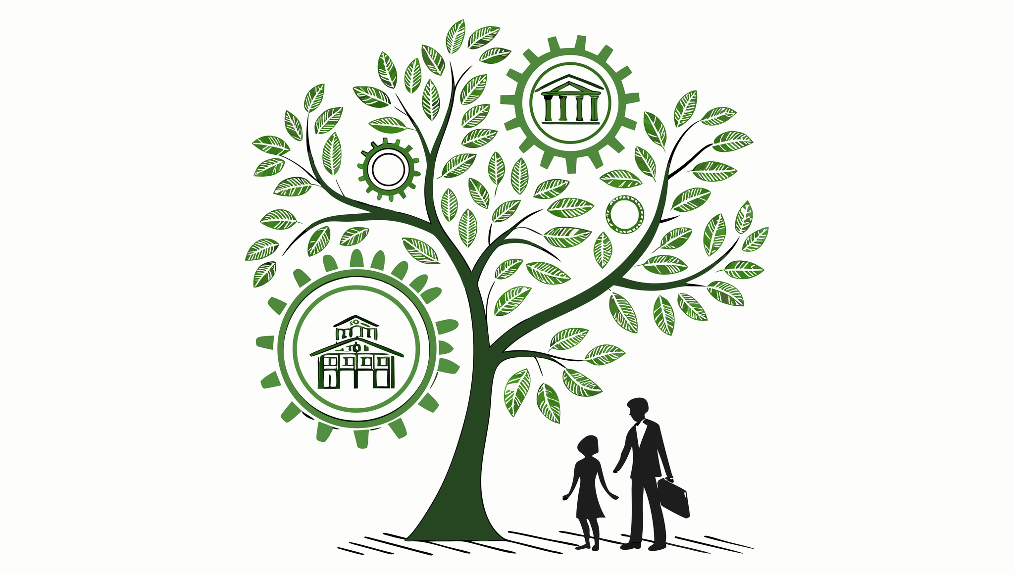 Stylized illustration of a branching tree representing various brokerage firms, connected to a clinic building foundation, with observers considering their options - representing SovDoc's expertise in mergers and acquisitions for clinic-based ABA therapy practices.