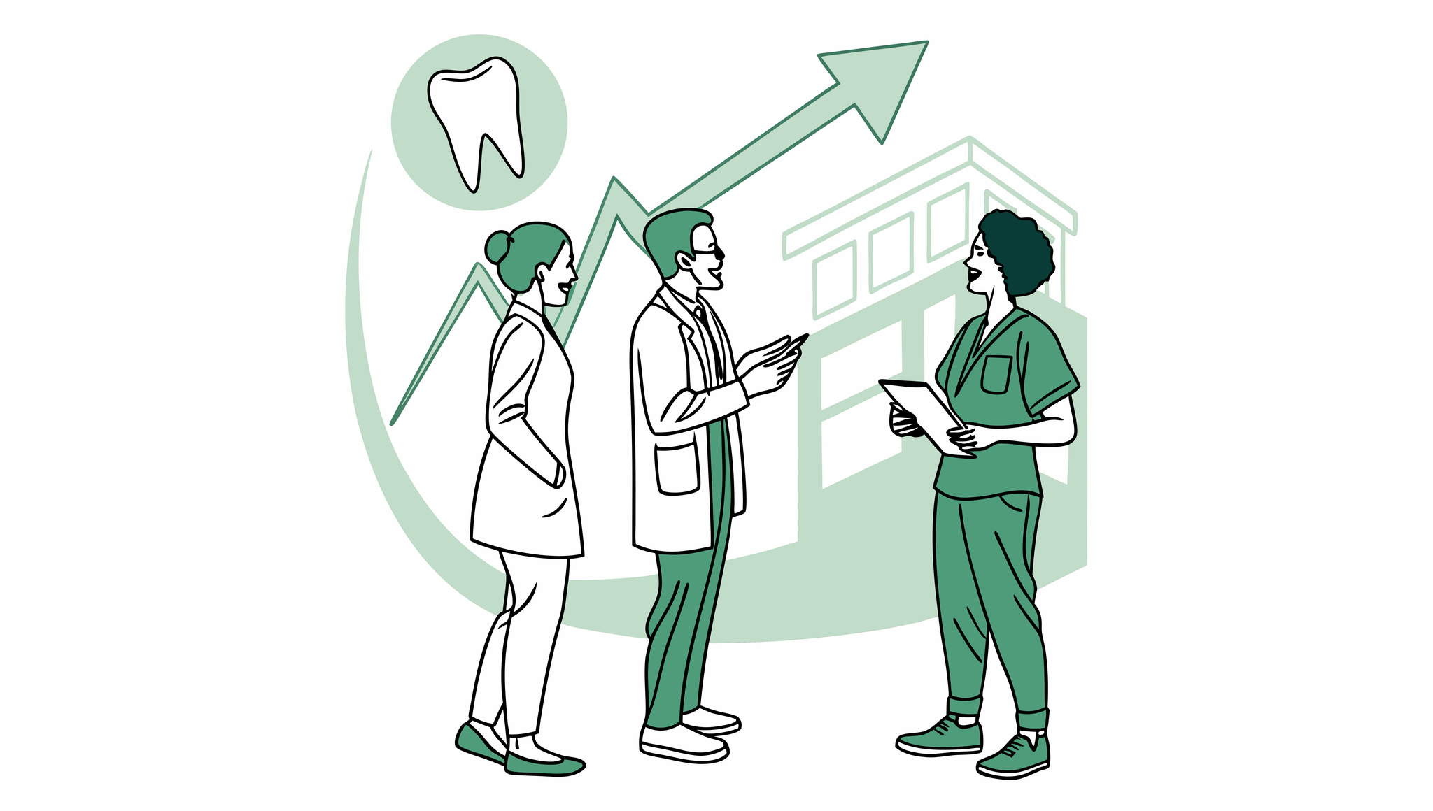 Stylized illustration of medical business brokers collaborating on dental practice valuation and growth strategies. SovDoc healthcare M&A specialists facilitating successful dental practice mergers and acquisitions.