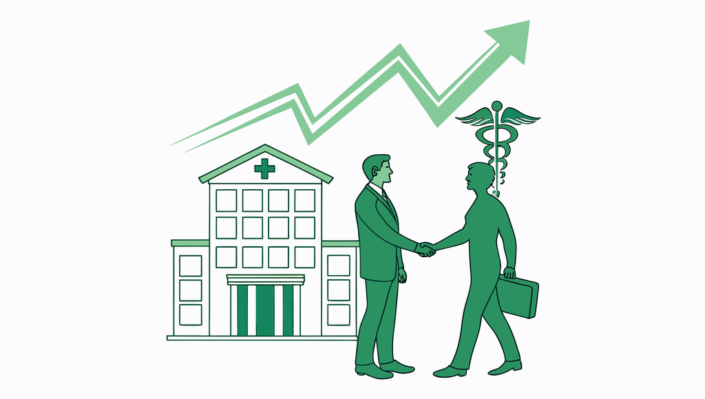 Illustration of a dermatology practice acquisition showing business broker and dermatologist handshake with medical clinic and growth chart - SovDoc's healthcare M&A expertise in dermatology practice transactions