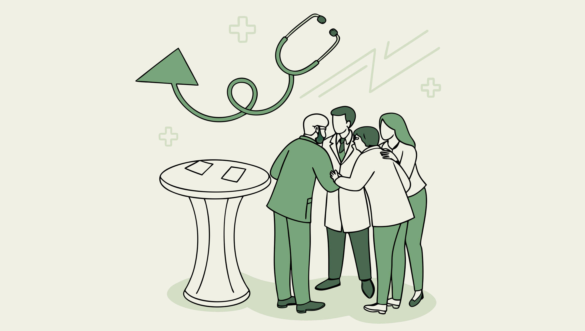 Diverse healthcare professionals collaborate around a table with healthcare and business growth symbols, representing SovDoc's advisor expertise in ENT medical practice mergers and acquisitions.