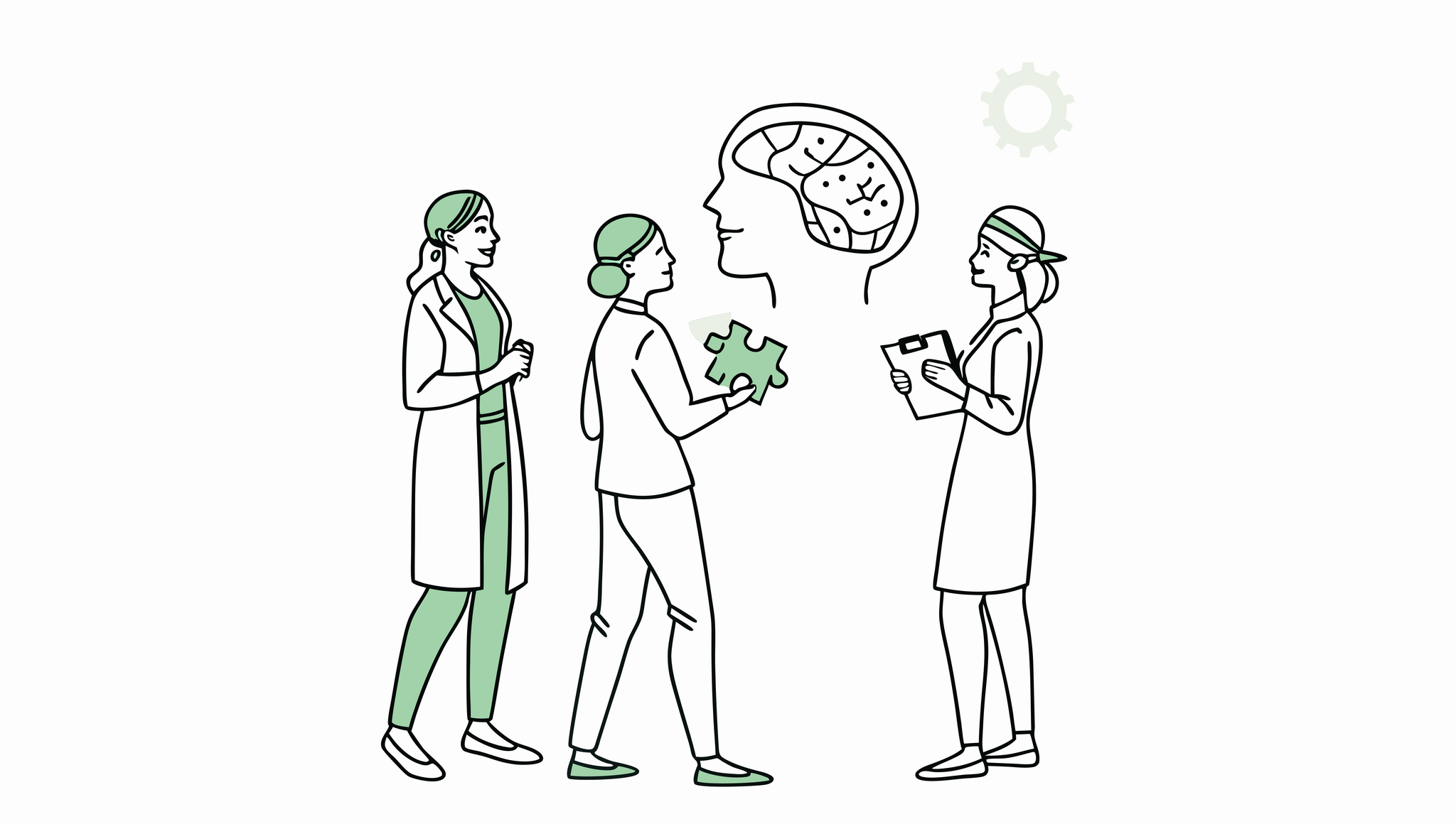 SovDoc healthcare M&A illustration depicting medical business brokers collaborating on geriatric behavioral health practice mergers and acquisitions, symbolized by figures connecting puzzle pieces around a brain with gears representing expert advisory services.