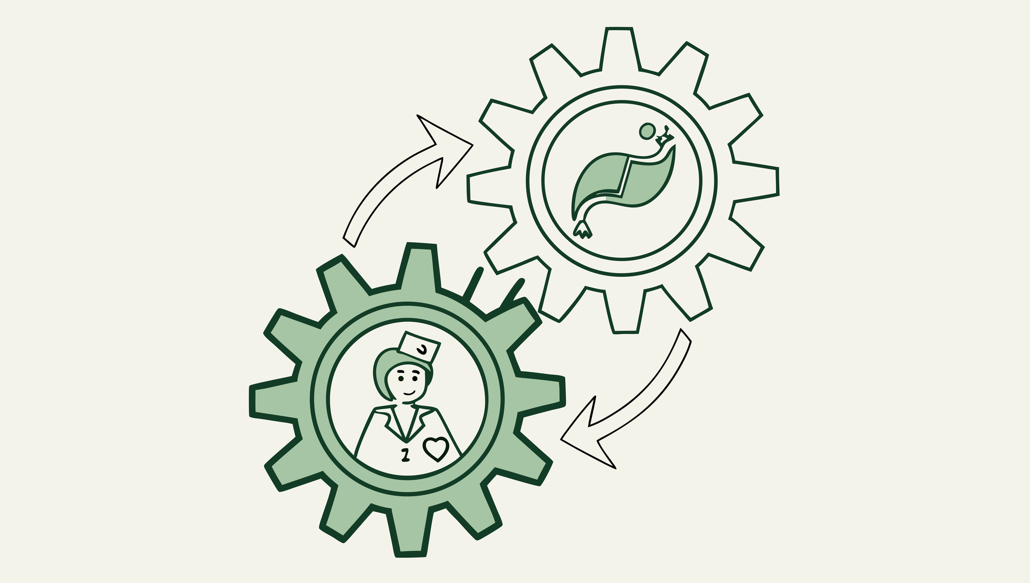 SovDoc healthcare M&A illustration showing intertwined gears and GI & Hepatology symbols representing medical practice merger and acquisition advisory services for gastroenterology and liver specialists.
