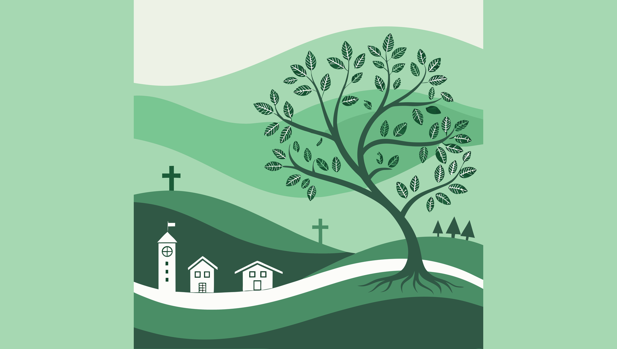 Stylized green landscape with tree-like network featuring medical facility symbols - representing SovDoc's expertise in hospice care mergers and acquisitions for medical business brokers.