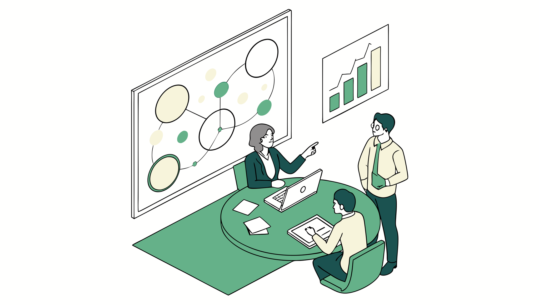 SovDoc healthcare M&A professionals discussing med spa practice mergers and acquisitions strategy around a conference table with visual data presentation, representing medical business broker advisory services.