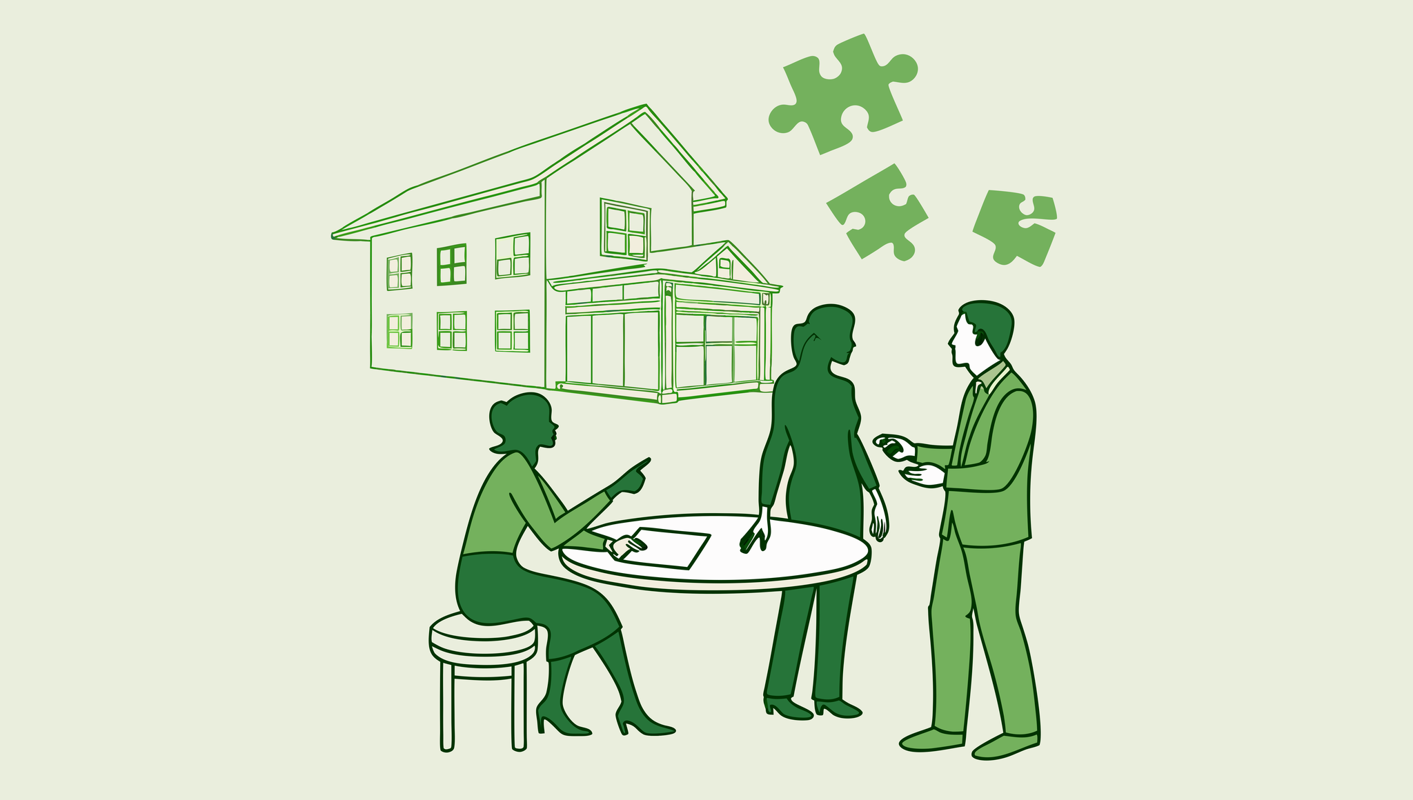 Stylized illustration of business professionals discussing memory care center acquisitions, represented by puzzle pieces connecting to a care facility, highlighting SovDoc's specialized healthcare M&A advisory services for memory care practice transactions.