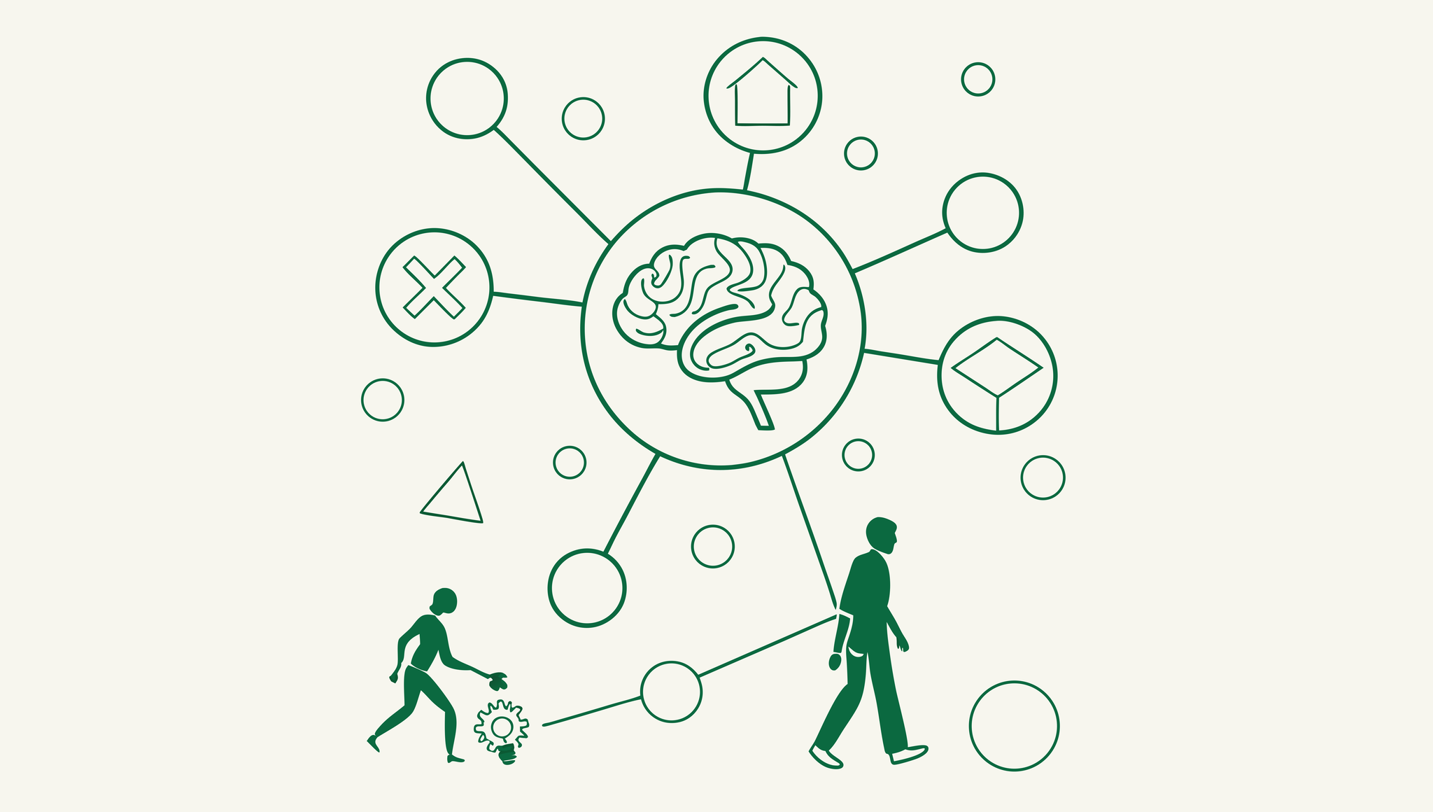 Abstract green vector illustration showing interconnected neural networks with geometric shapes being managed by simplified figures, representing SovDoc's specialized advisory services for neurology practice mergers and acquisitions in the healthcare M&A sector.