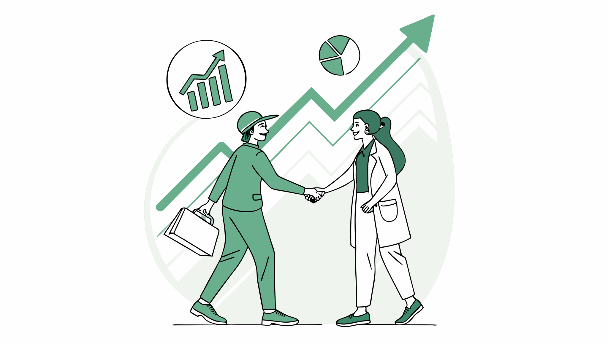 Stylized vector illustration showing handshake between broker and hand therapy practice owner with upward trending graph, representing occupational and hand therapy practice mergers and acquisitions. SovDoc healthcare M&A advisory services for medical business transactions.