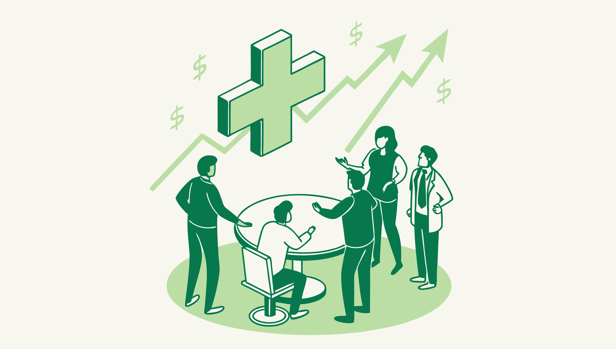 Stylized illustration of advisors collaborating around a medical acquisition strategy table with a glowing green medical cross - representing SovDoc's oncology practice M&A advisory services for medical business brokers in healthcare mergers and acquisitions.