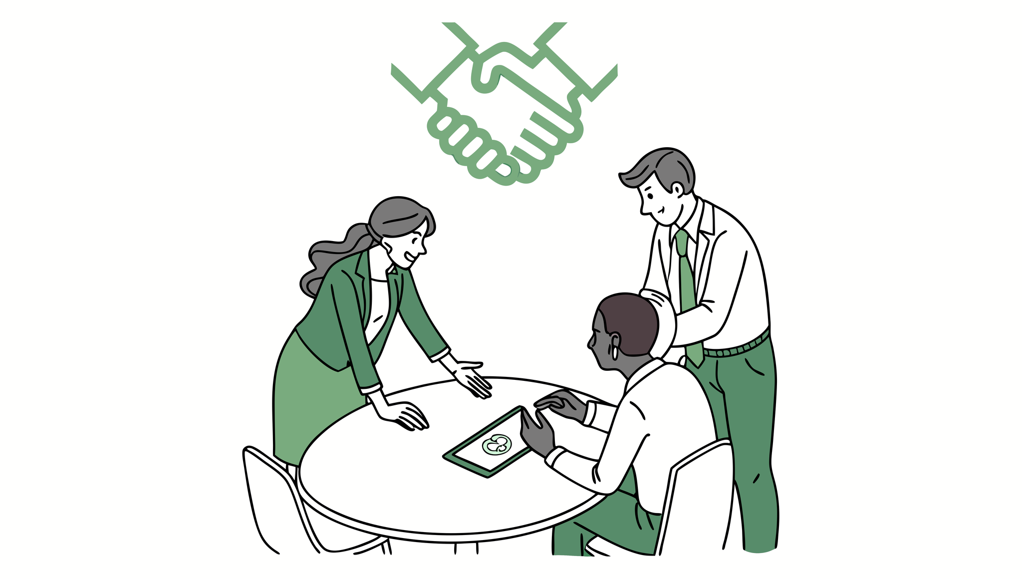Diverse professionals collaborating around a table with a symbolic handshake forming an orthopedic bone outline—representing SovDoc's orthopaedic and MSK medical practice merger and acquisition advisory services.