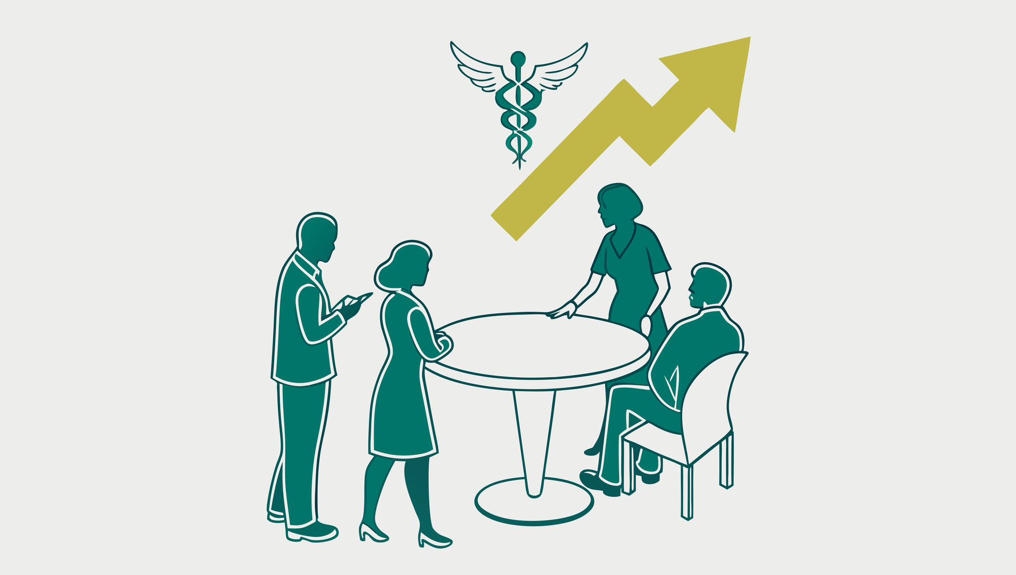 Four advisors collaborating at a round table, symbolizing SovDoc's expert roundup on orthopedic and post-surgical rehabilitation practice mergers and acquisitions, representing healthcare M&A consultation.