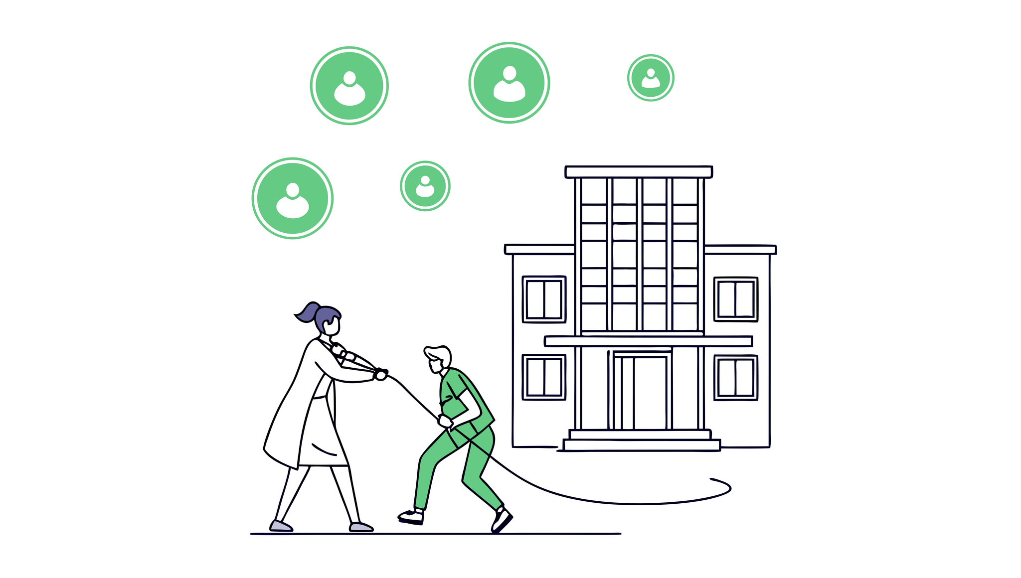Minimalist vector illustration showing an outpatient physical therapy clinic connecting to a corporate building with advisor icons between them, representing SovDoc's medical practice M&A advisory services for physical therapy practices.