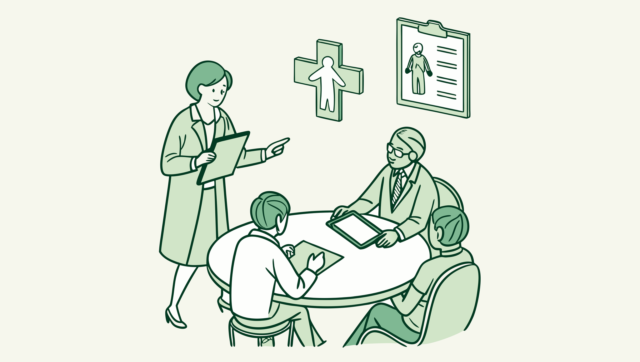Stylized illustration of diverse business advisors collaborating at a round table with pediatric physical therapy symbol, representing SovDOC's expertise in pediatric therapy practice mergers and acquisitions.