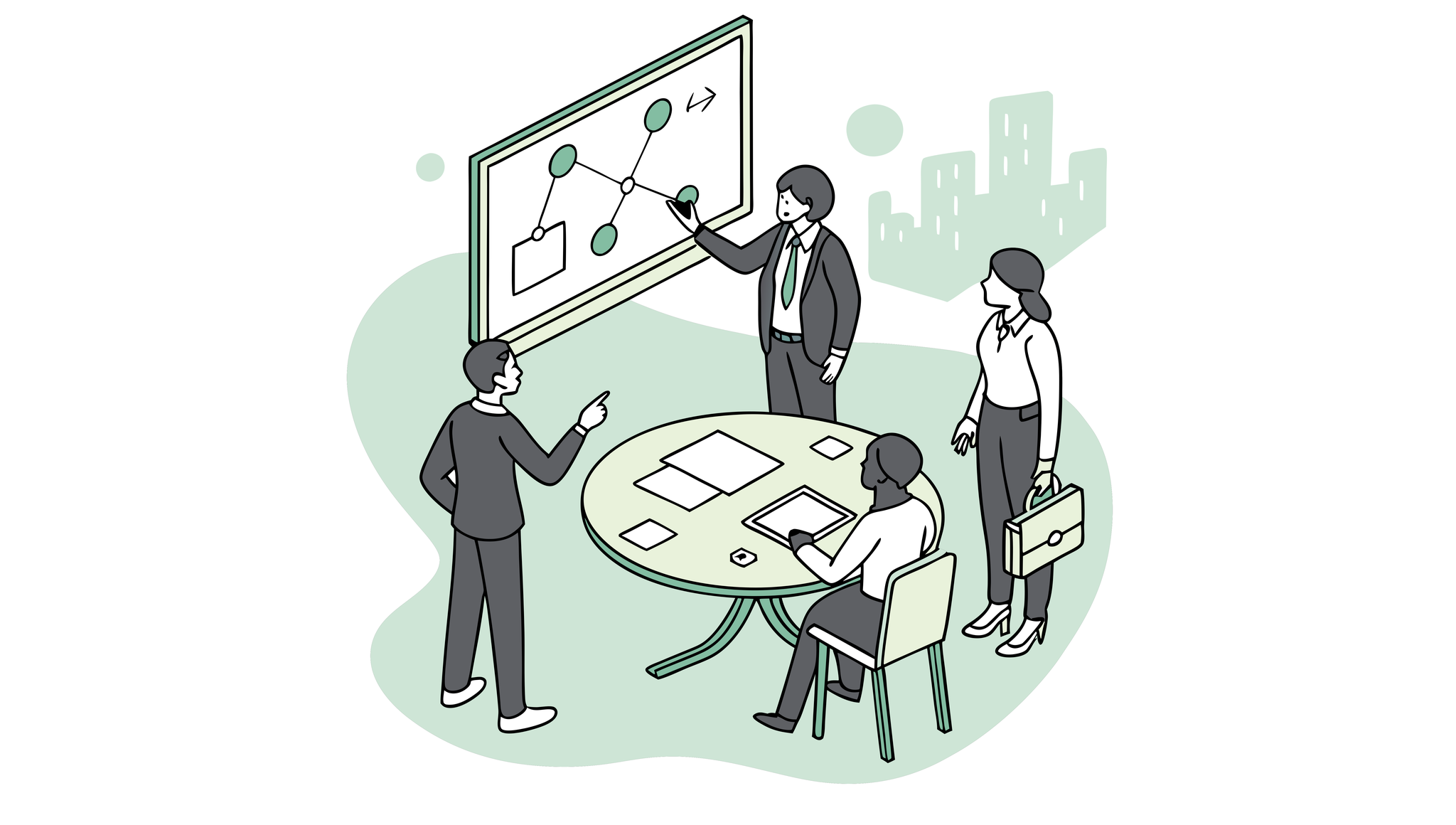 SovDoc healthcare M&A advisors discussing plastic surgery practice mergers and acquisitions strategies around a conference table with analytics display