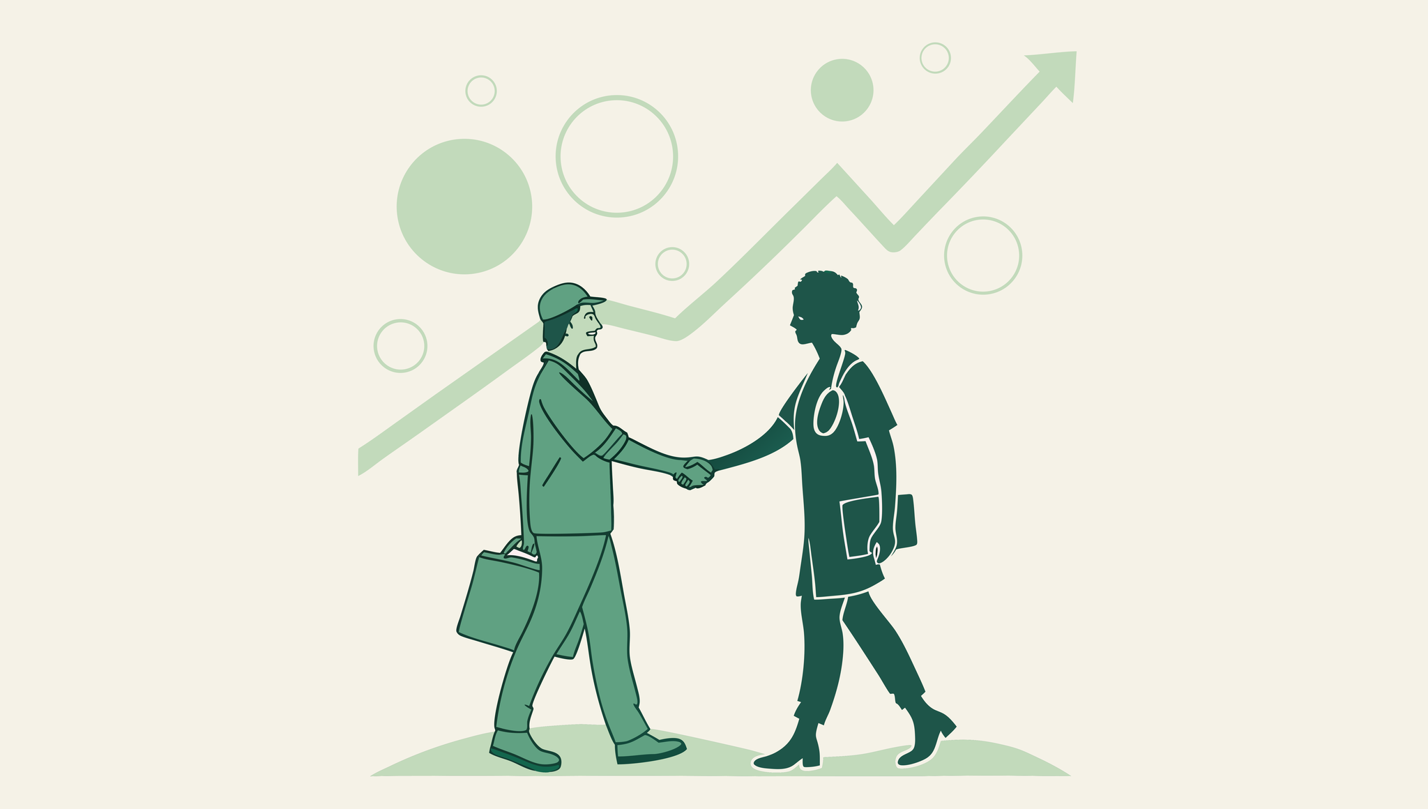 Two silhouetted figures shaking hands over rising graph, representing successful primary care practice mergers and acquisitions facilitated by SovDoc healthcare M&A advisors.