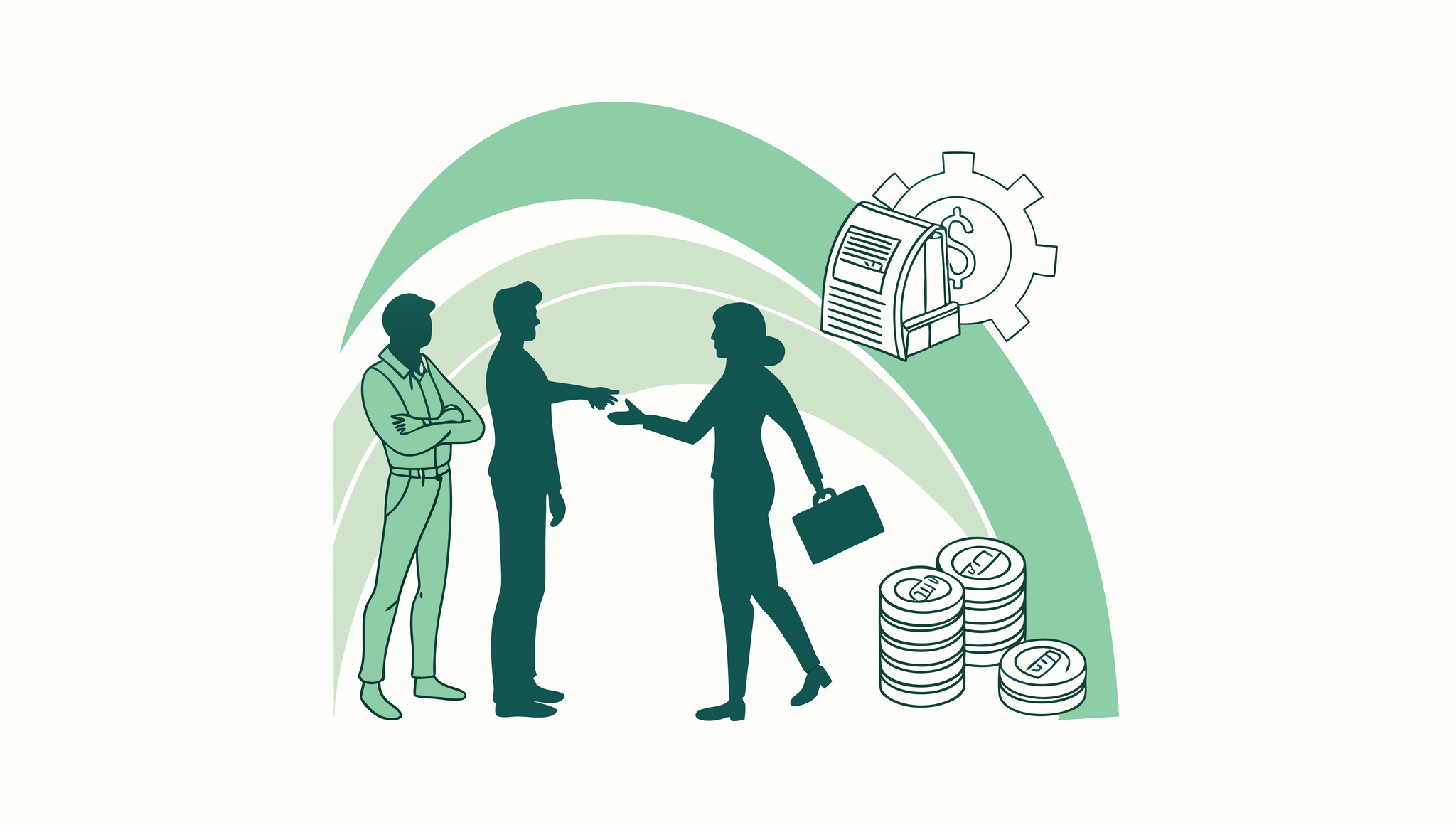 Stylized illustration of business brokers in radiology practice M&A, depicting figures analyzing financials and partnerships - SovDoc healthcare merger and acquisition advisory services for medical practice transactions