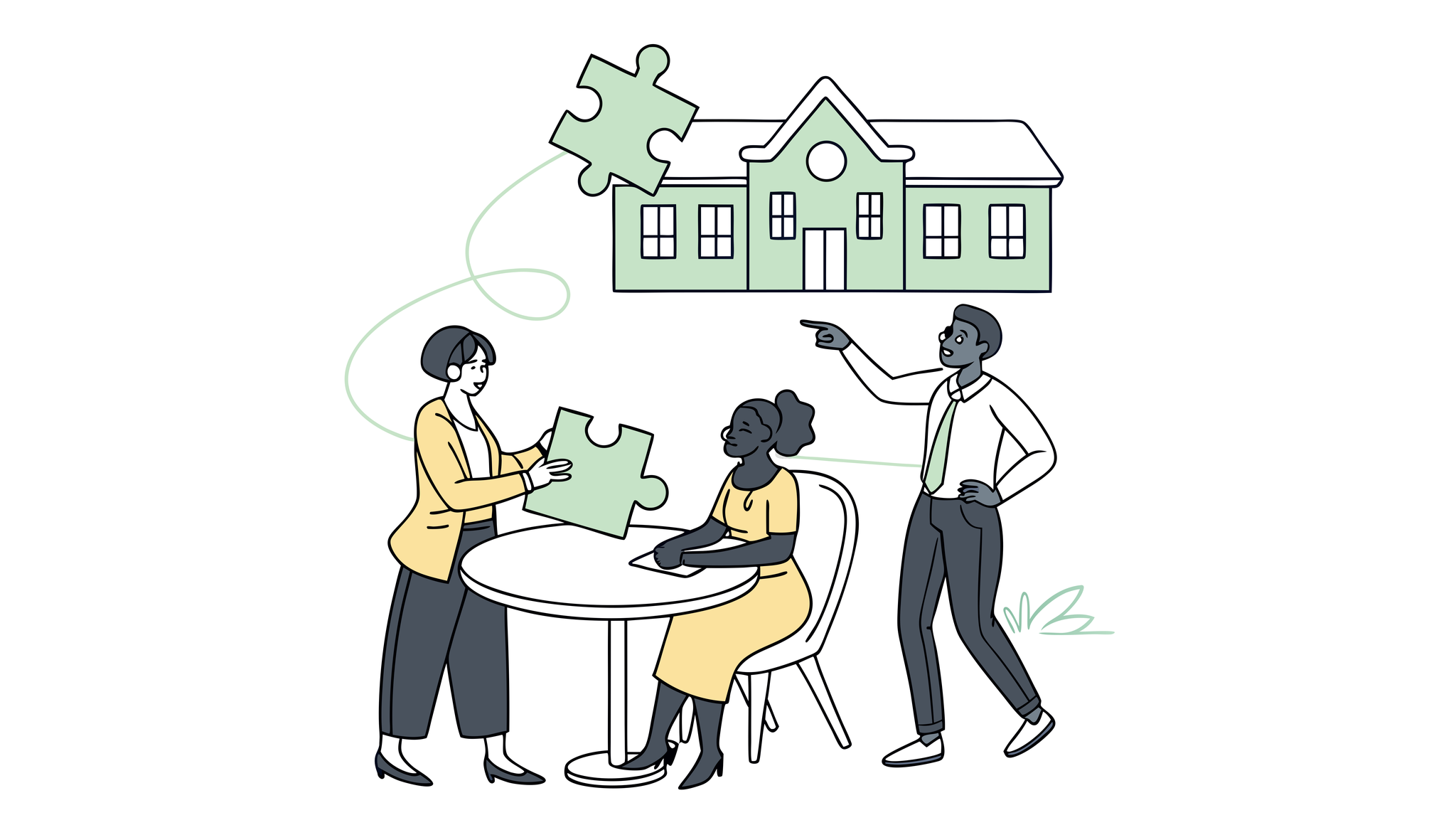 SovDoc healthcare M&A illustration showing professionals collaborating around a table with puzzle pieces symbolizing school and community-based ABA practice mergers and acquisitions, representing healthcare practice integration expertise.