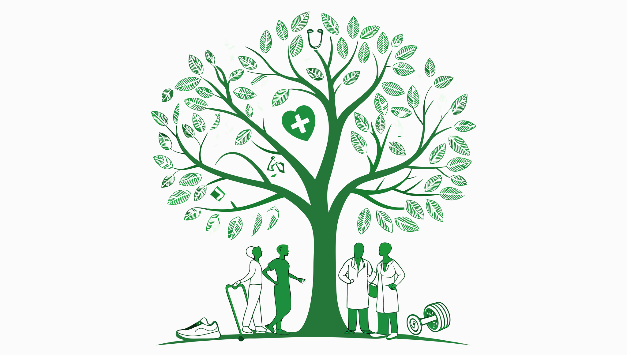 Illustration of a growth tree with sports medicine equipment symbolizing strategic partnerships and M&A opportunities in sports medicine and performance therapy practices. SovDoc healthcare M&A advisors facilitate practice transitions in this specialized medical sector.