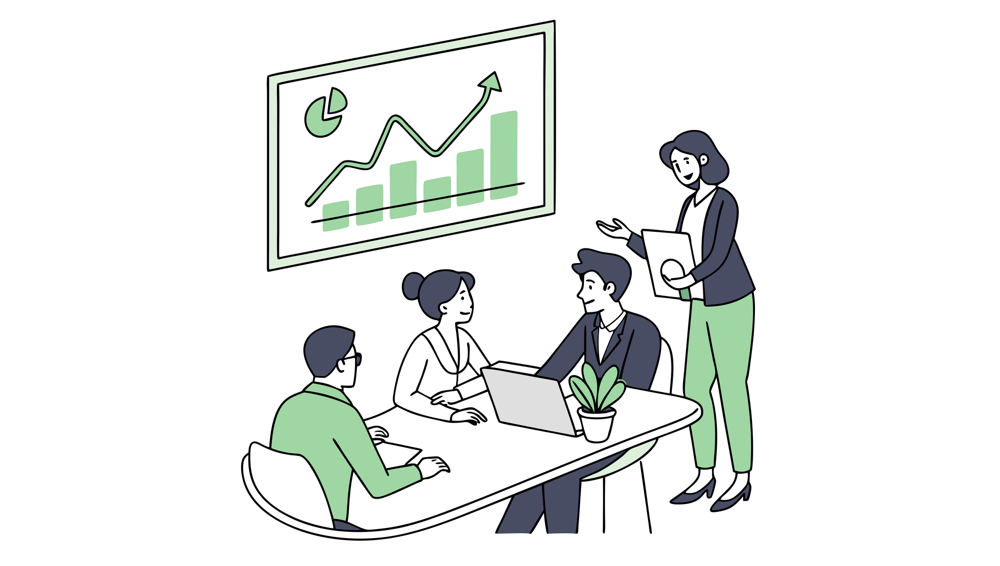 SovDoc healthcare M&A experts discuss urgent care practice mergers and acquisitions strategies around a conference table, analyzing growth opportunities represented by green upward-trending infographics, symbolizing successful medical business transitions in the urgent care sector.