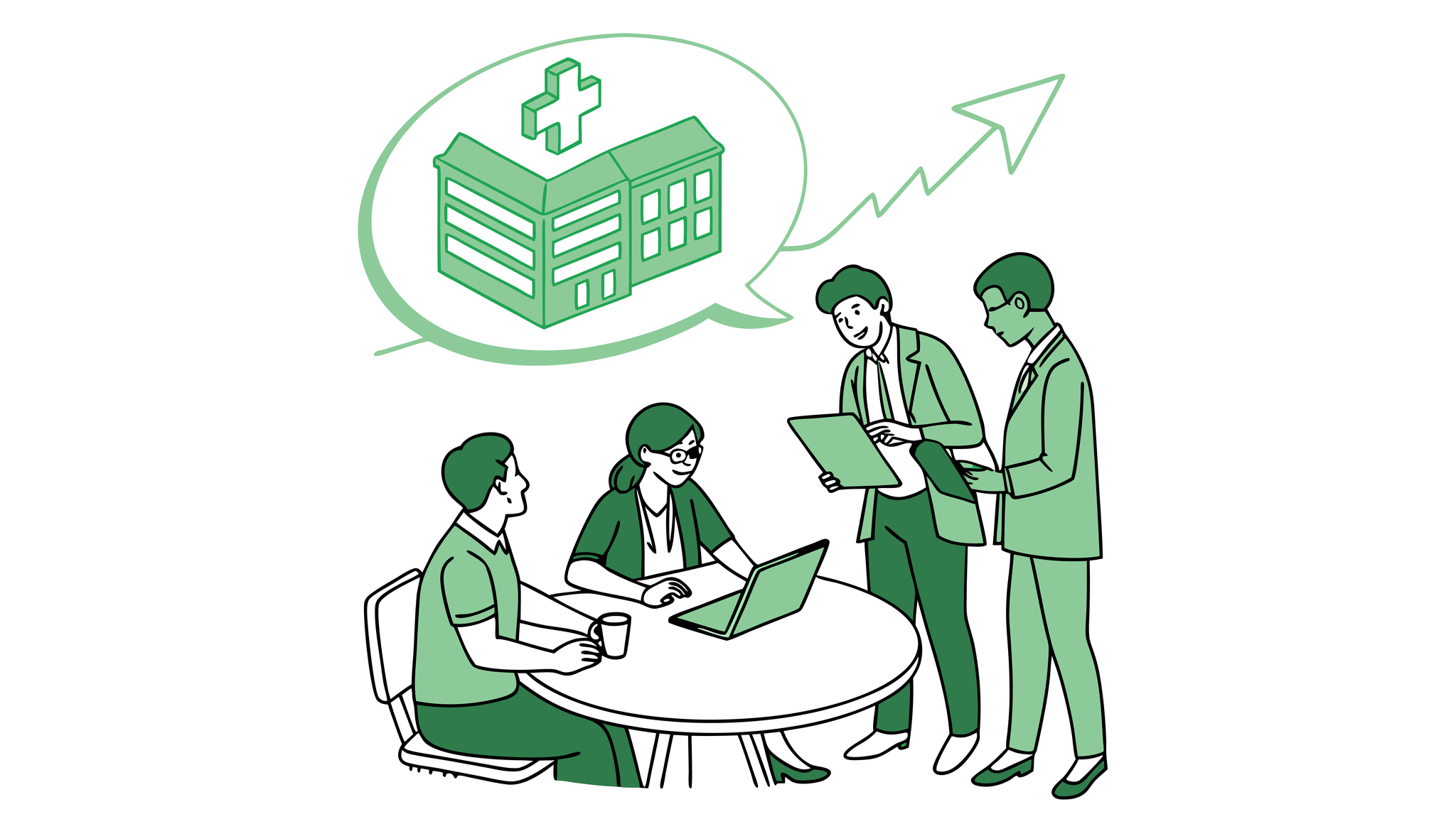 SovDoc healthcare M&A consultants collaborating around a table viewing financial projections and facility layouts for assisted living facility valuation and strategic acquisition planning.