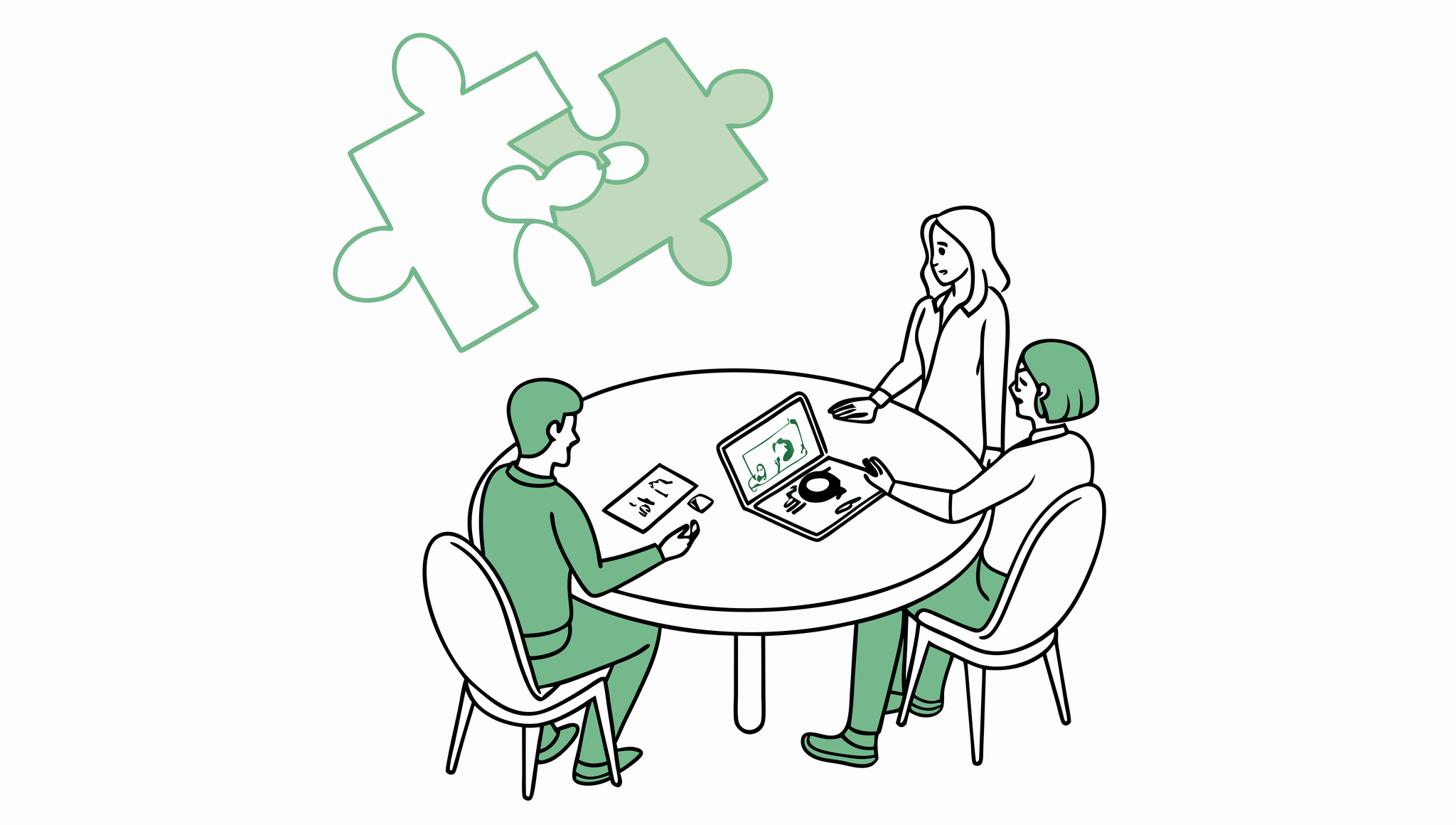 Illustration of valuation consultants discussing ABA therapy clinic mergers and acquisitions at a roundtable meeting. SovDoc healthcare M&A advisors analyzing practice valuation documents and financial data, represented by minimalist figures collaborating around a table with healthcare and integration symbolism.