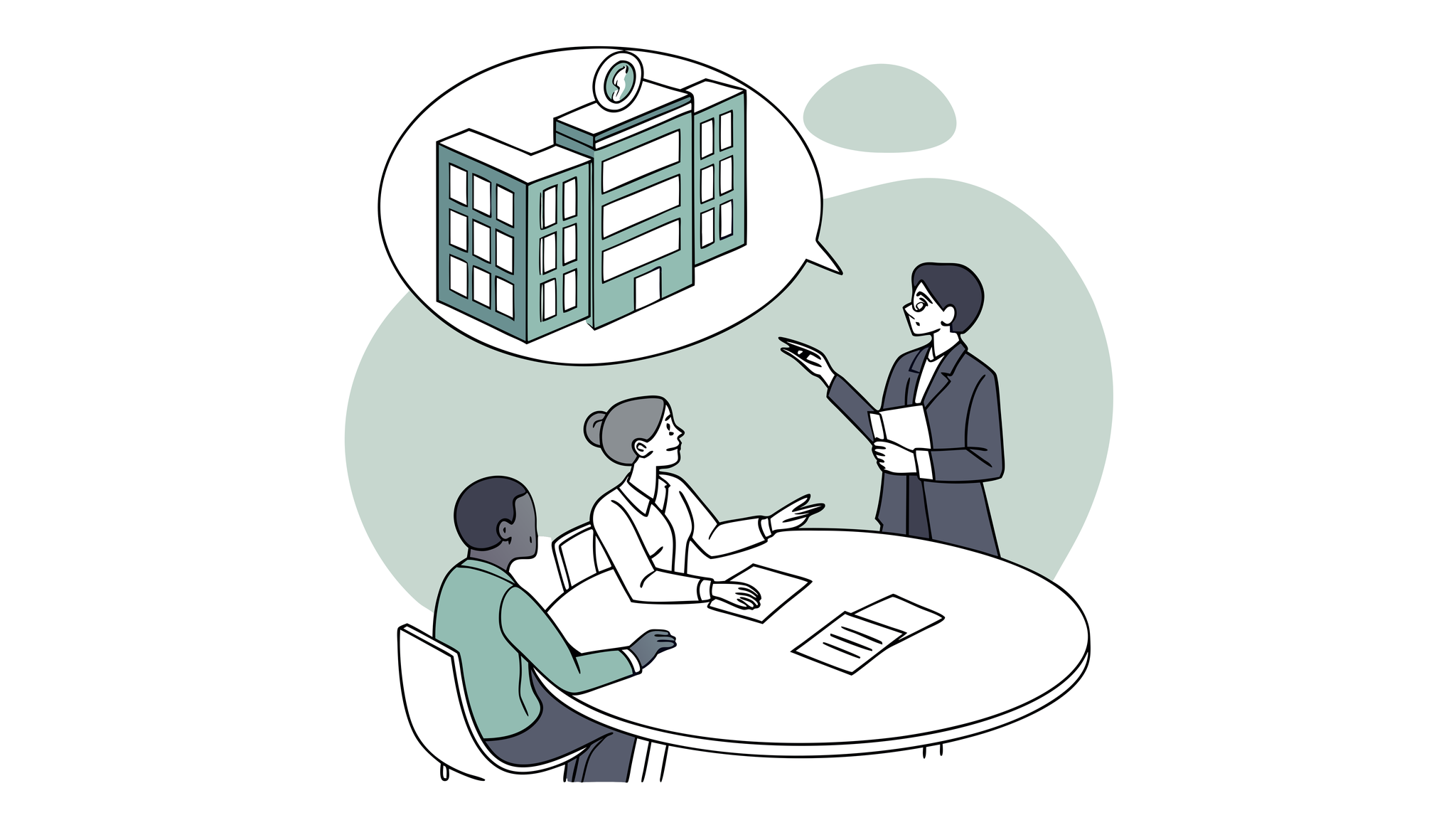 SovDoc illustration of valuation consultants discussing dental practice mergers and acquisitions, analyzing market growth and practice transformations to support healthcare M&A decisions.