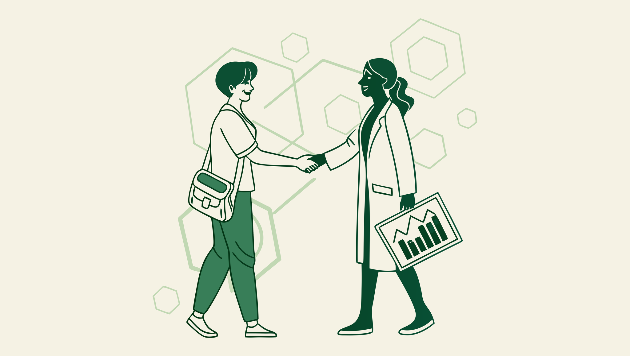 Minimalist illustration showing a handshake between a dermatology professional and business consultant, symbolizing valuation partnerships in dermatology practice mergers and acquisitions. SovDoc healthcare M&A advisor roundup for dermatology practice valuation.