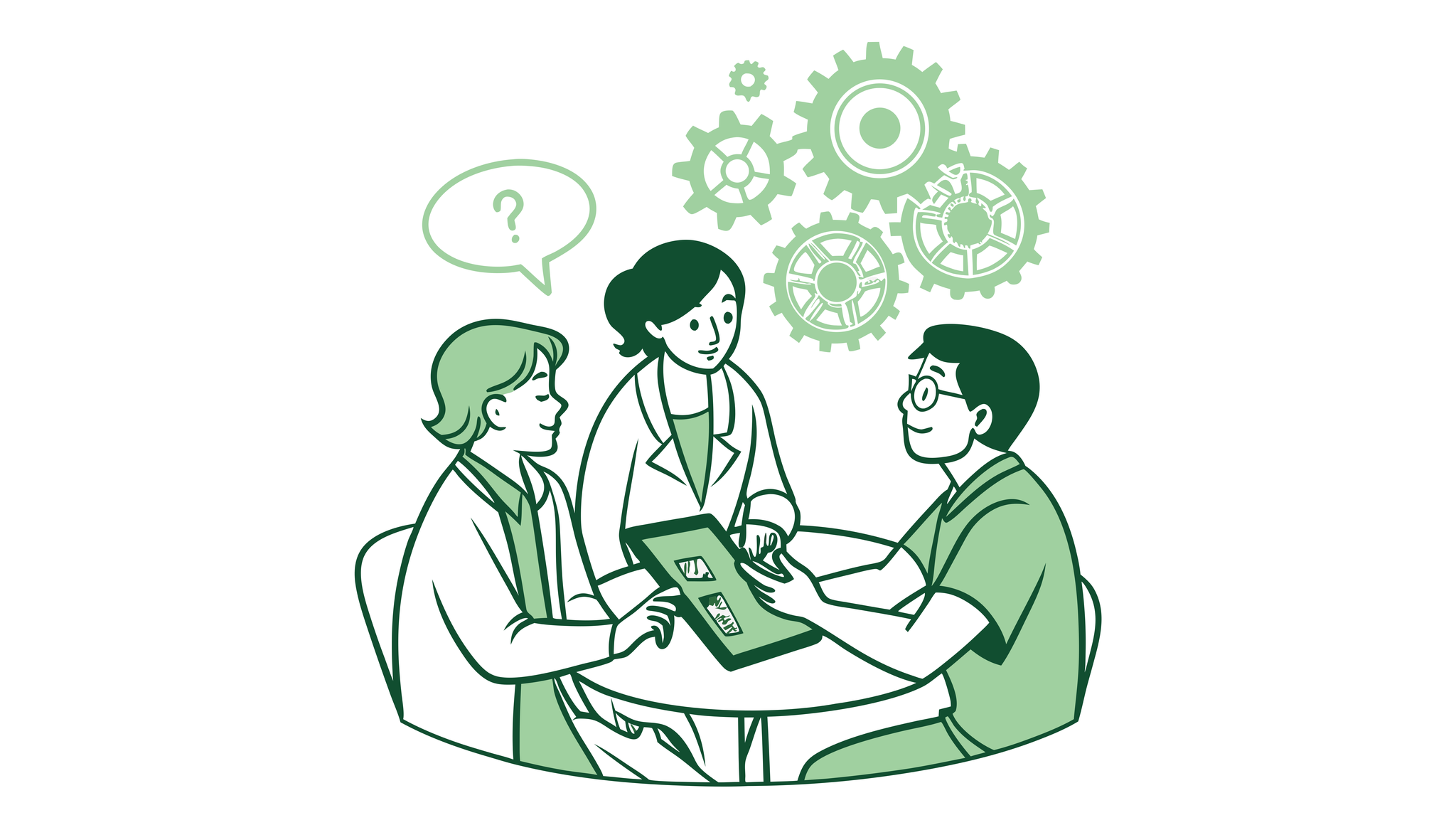 Stylized illustration of healthcare consultants discussing geriatric behavioral health practice valuation for M&A - SovDoc healthcare merger and acquisition advisors providing strategic valuation expertise for medical practice owners considering transitions.