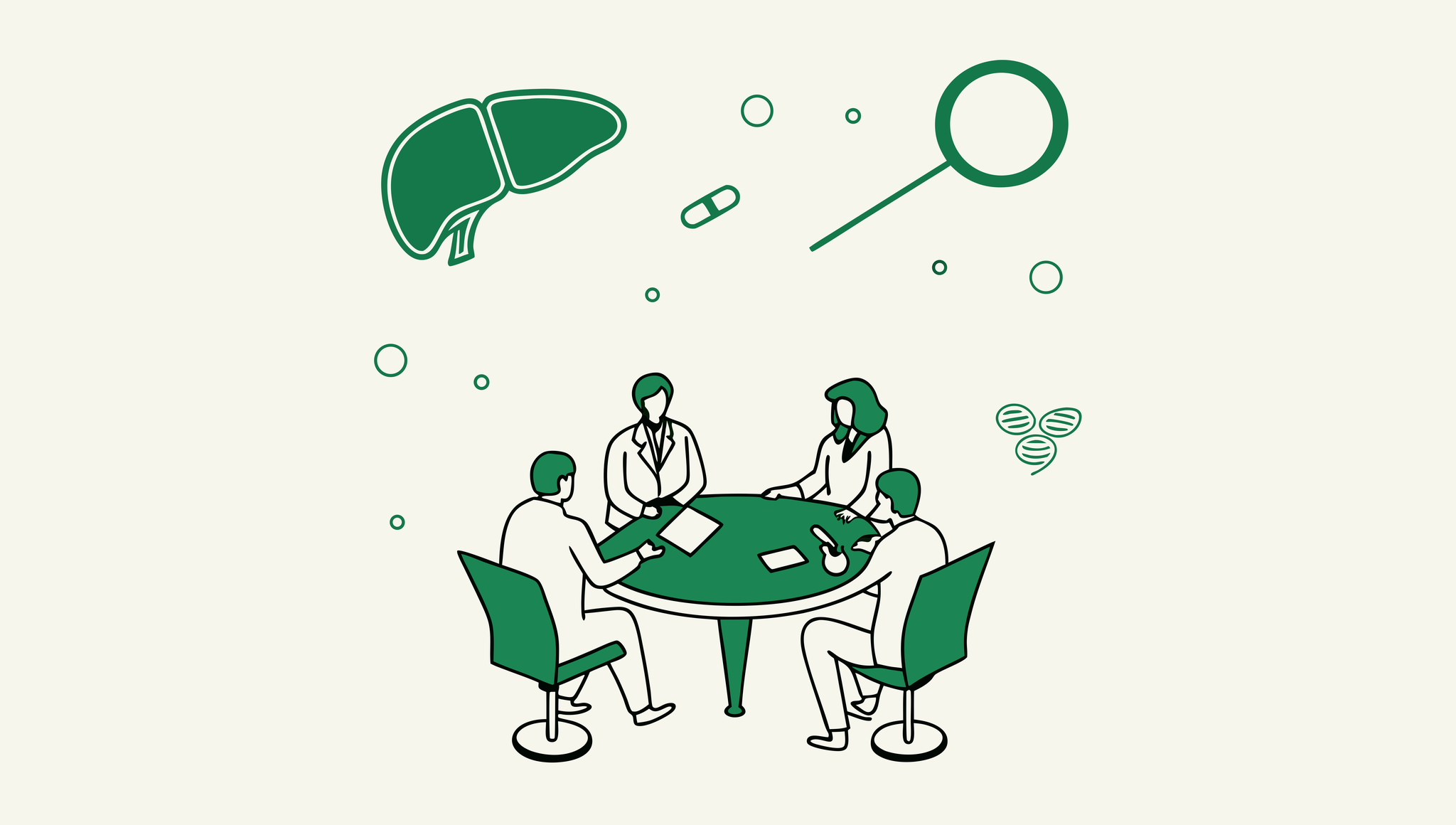 SovDoc healthcare advisors conduct valuation consultations for GI & Hepatology medical practice mergers and acquisitions, represented by figures gathered around a table analyzing clinical elements, symbolizing specialized healthcare due diligence expertise.