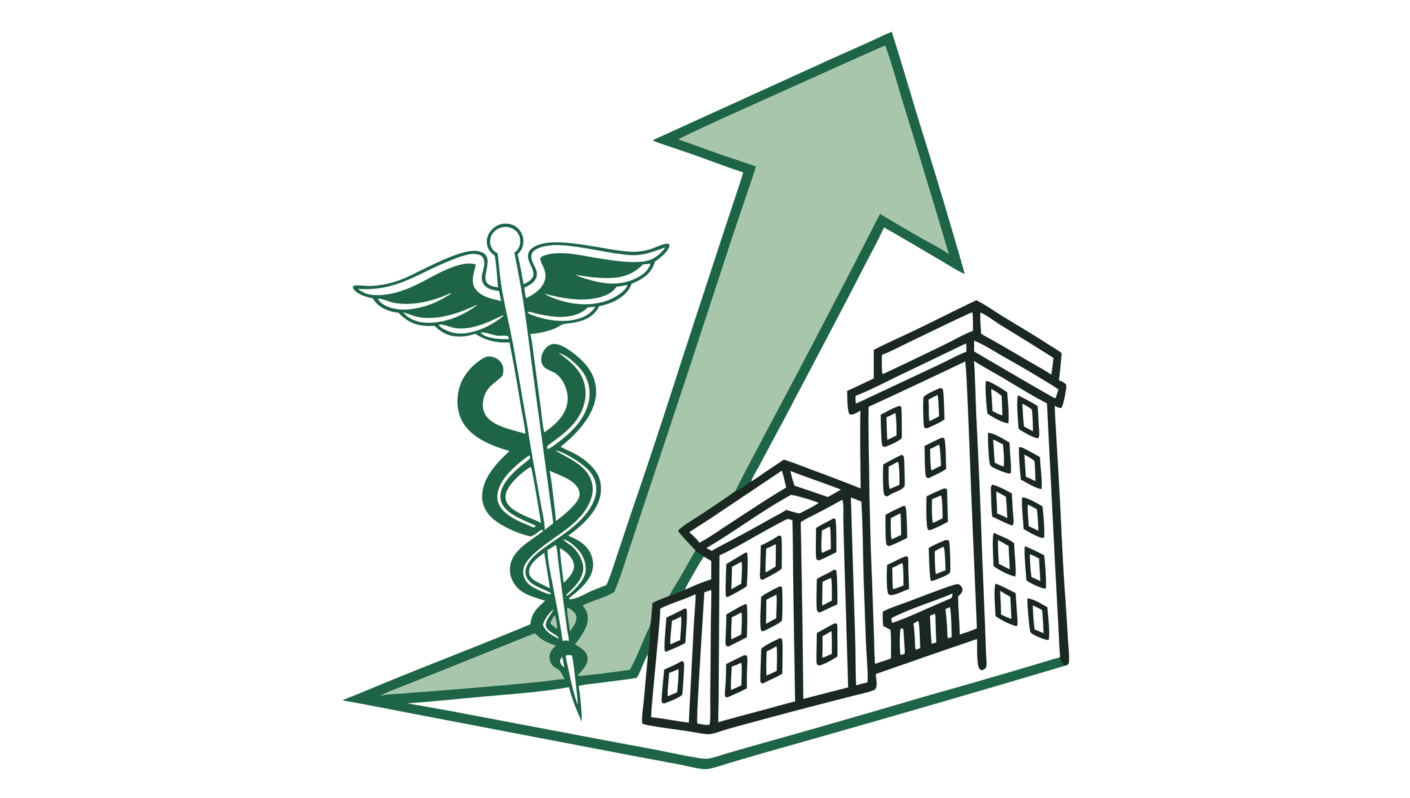 Stylized medical and financial illustration featuring a caduceus and growth arrow, representing SovDoc's valuation consultants for interventional pain practice mergers and acquisitions.