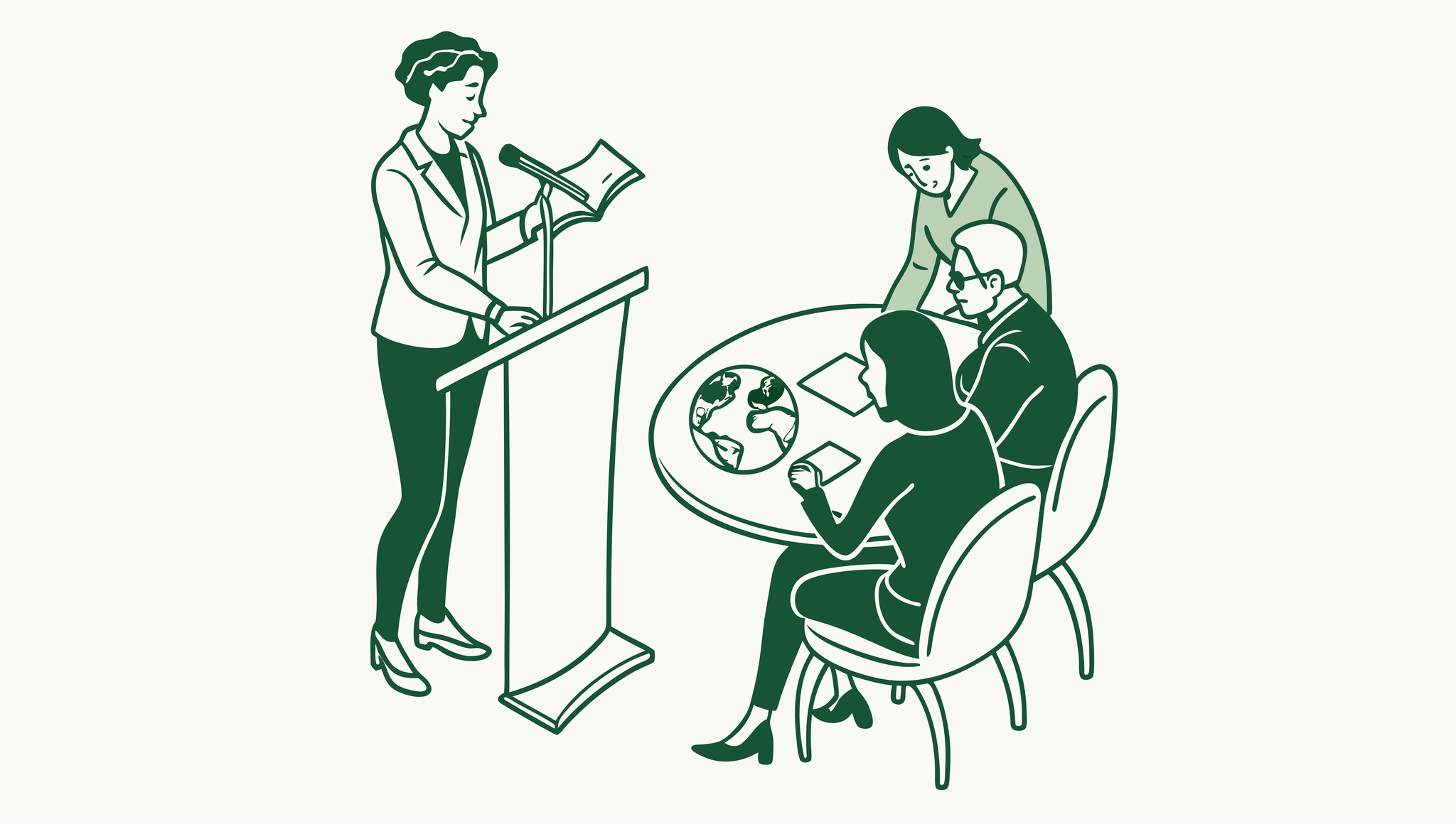 Stylized illustration of a healthcare advisor presenting to attentive figures around a curved table, representing SovDoc's memory care valuation consultants for medical practice mergers and acquisitions.
