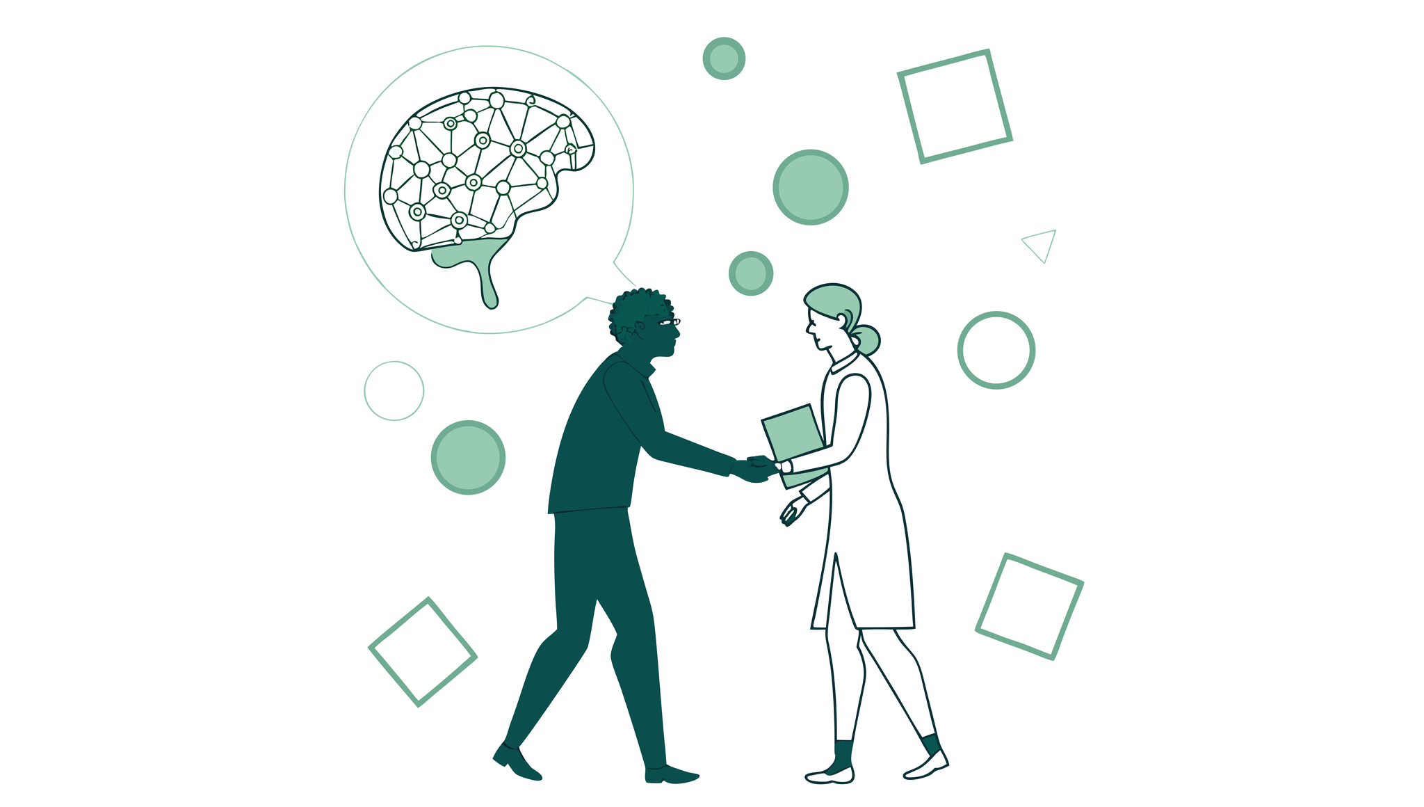 Two abstract figures shaking hands against a stylized brain background, representing SovDoc's advisory services for neurological rehabilitation practice mergers and acquisitions in healthcare M&A.