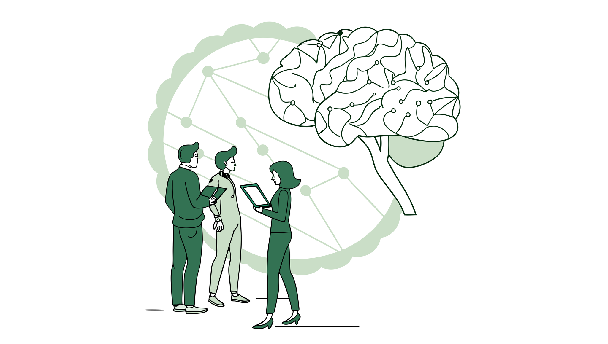 Stylized illustration showing valuation consultants analyzing a brain model, representing SovDoc's specialized expertise in neurology practice mergers and acquisitions valuation.