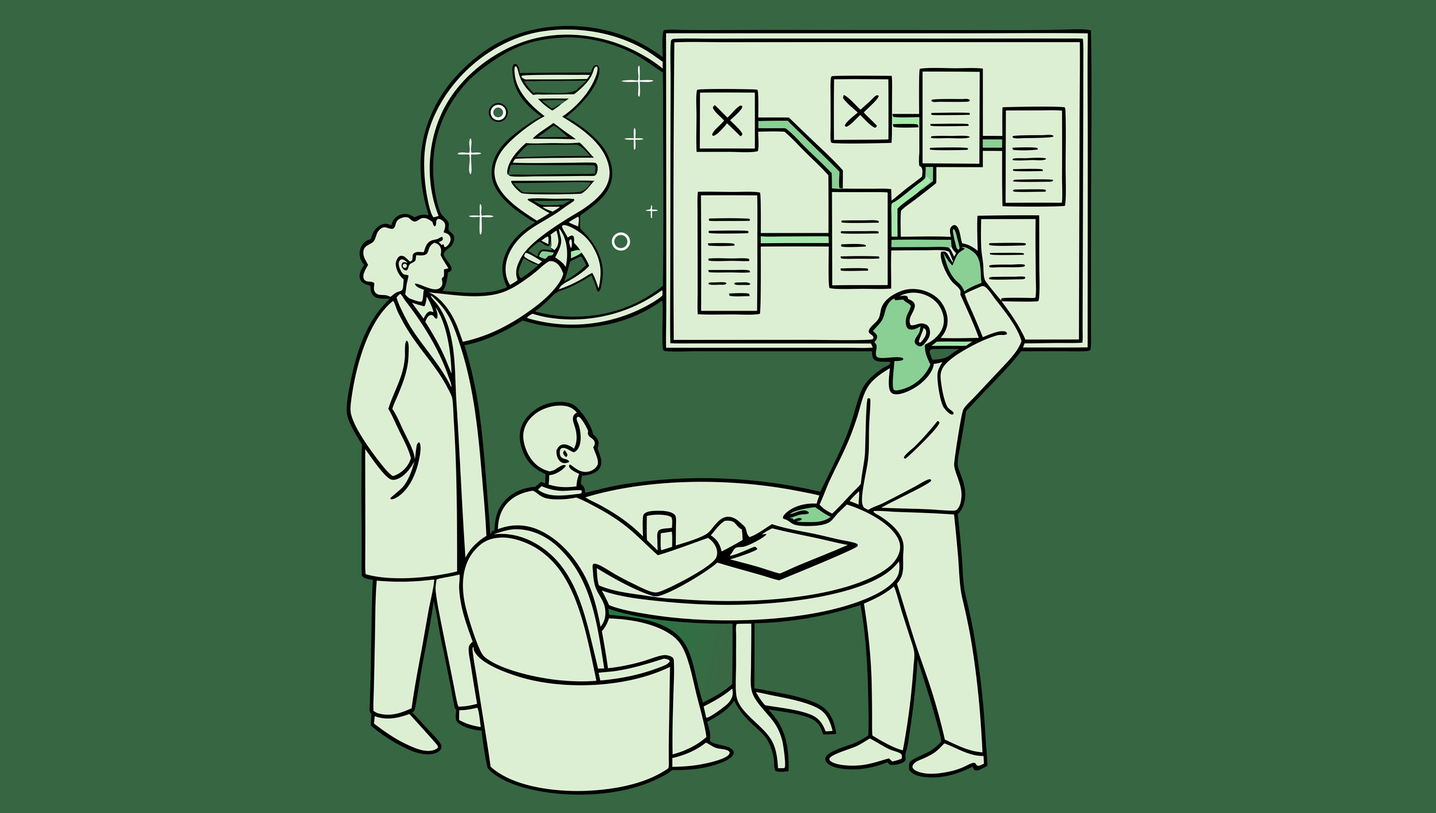 SovDoc healthcare M&A illustration showing valuation consultants analyzing oncology practice mergers and acquisitions with data visualization tools and medical technology elements in a modern, minimalist green design.