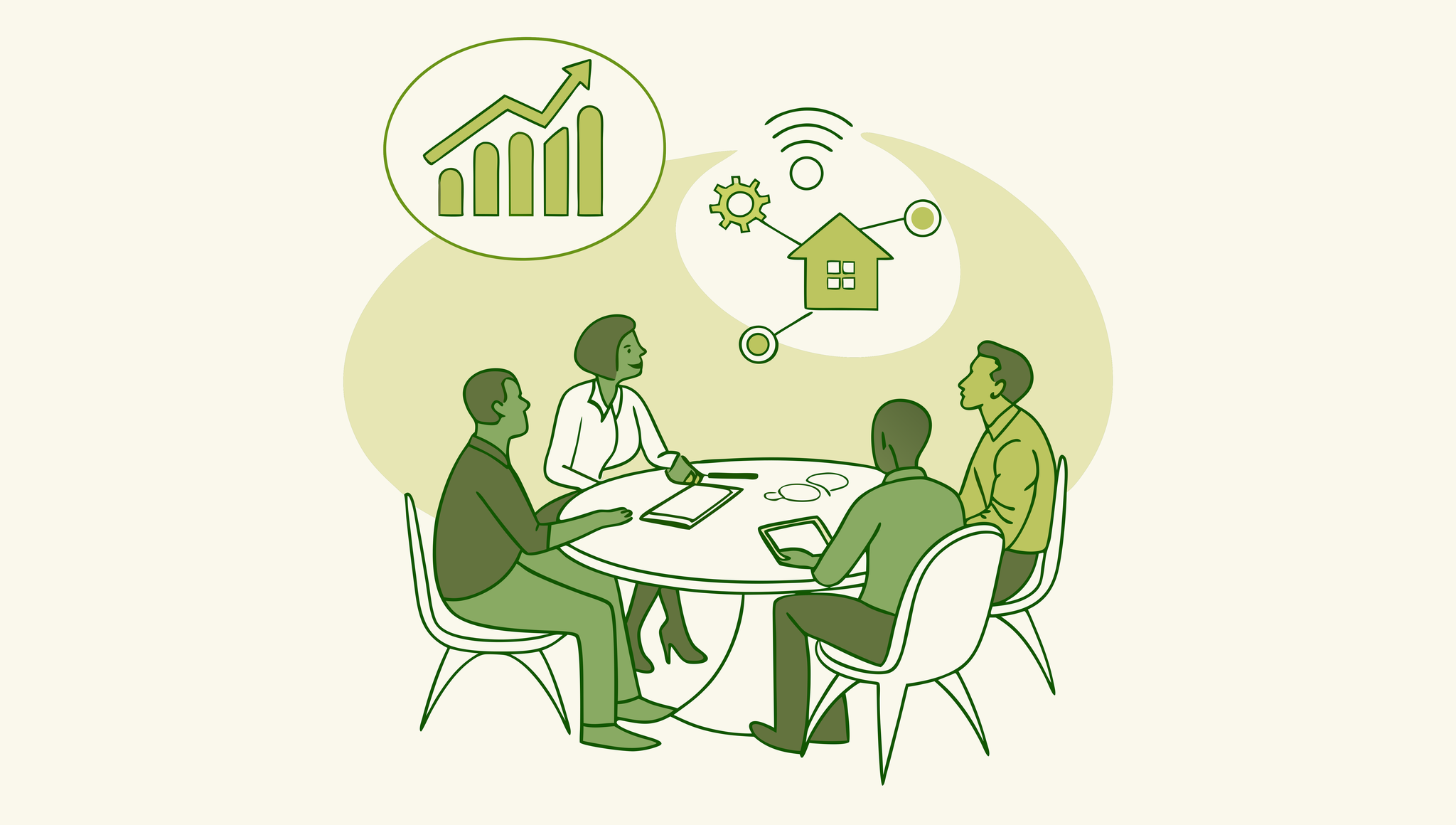 Orthopedic practice M&A advisory roundtable illustration showing medical valuation consultants discussing MSK practice mergers and acquisitions, with symbolic bone and practice merger graphics - SovDoc healthcare transaction advisory services
