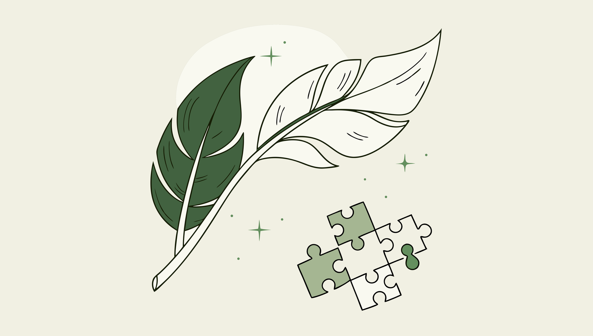 SovDoc healthcare illustration representing palliative care M&A consulting - green leaf with medical cross above integrated puzzle pieces symbolizing collaborative valuation services for medical practice mergers and acquisitions in palliative care.