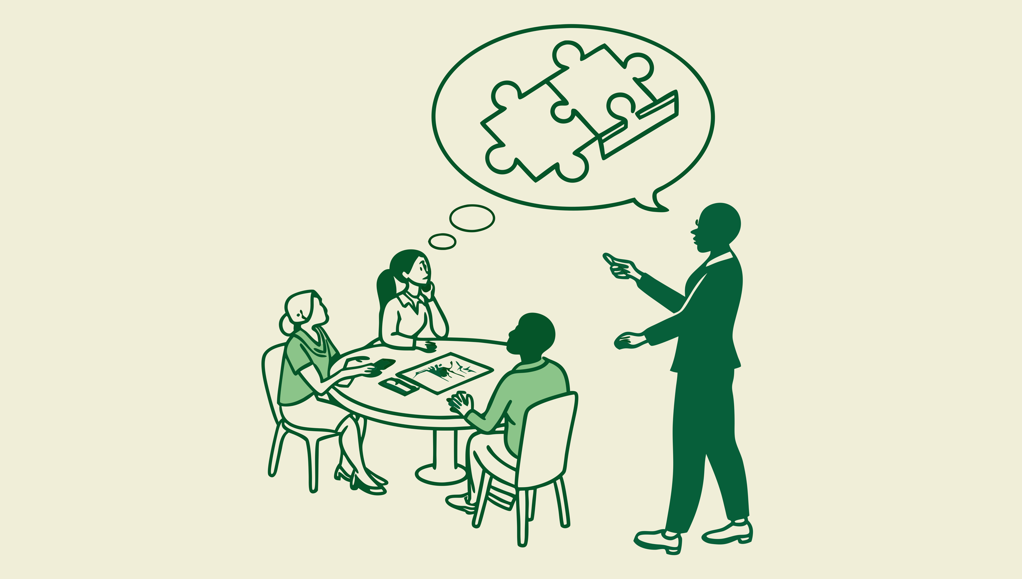 SovDoc healthcare M&A roundtable discussion depicting valuation consultants analyzing pediatric physical therapy practice mergers and acquisitions, with professional figures examining practice valuation elements represented by puzzle pieces
