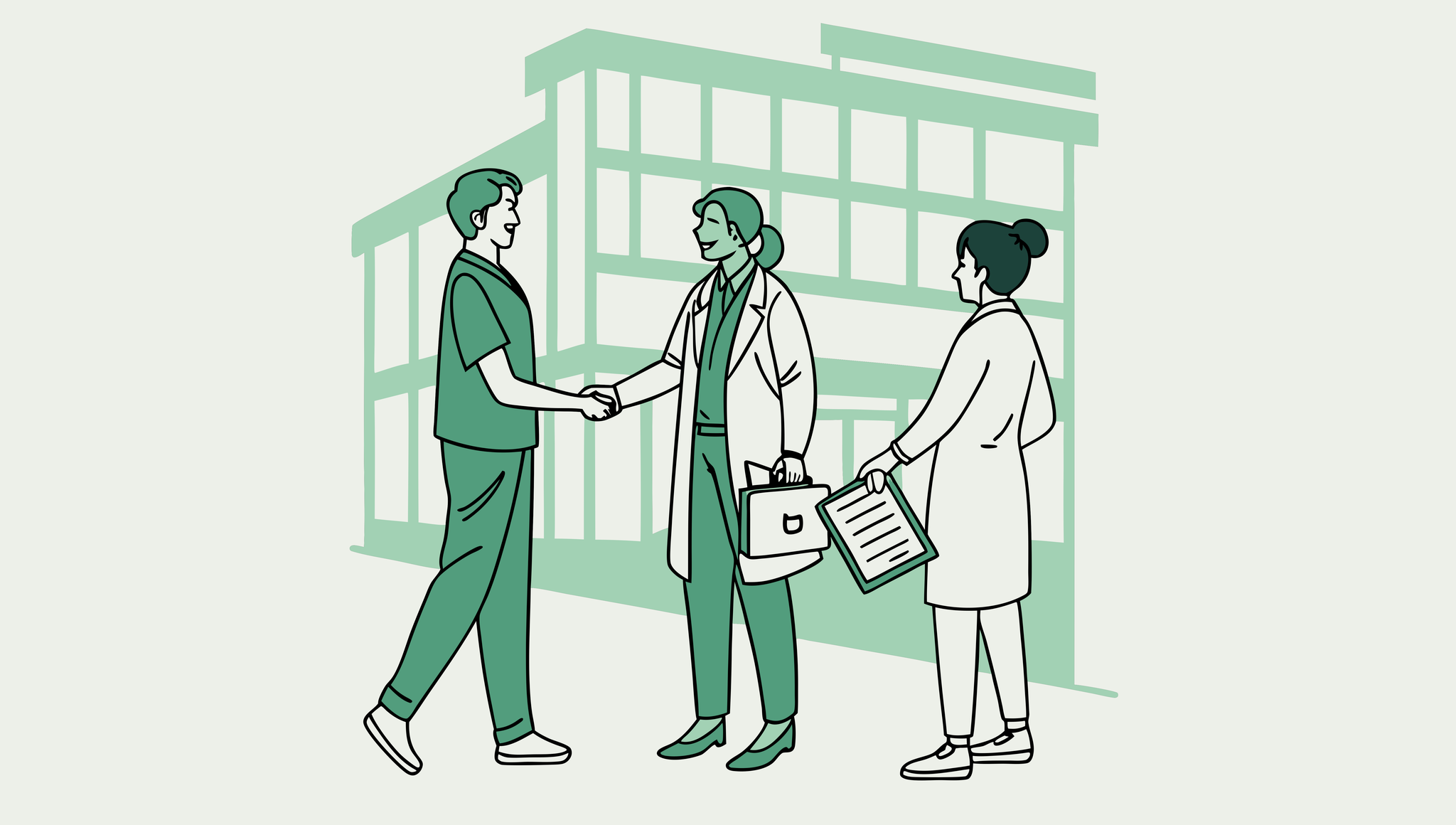 SovDoc healthcare M&A illustration showing valuation consultants collaborating with physicians and executives in primary care practice mergers and acquisitions, representing the collaborative partnership in healthcare valuation services.