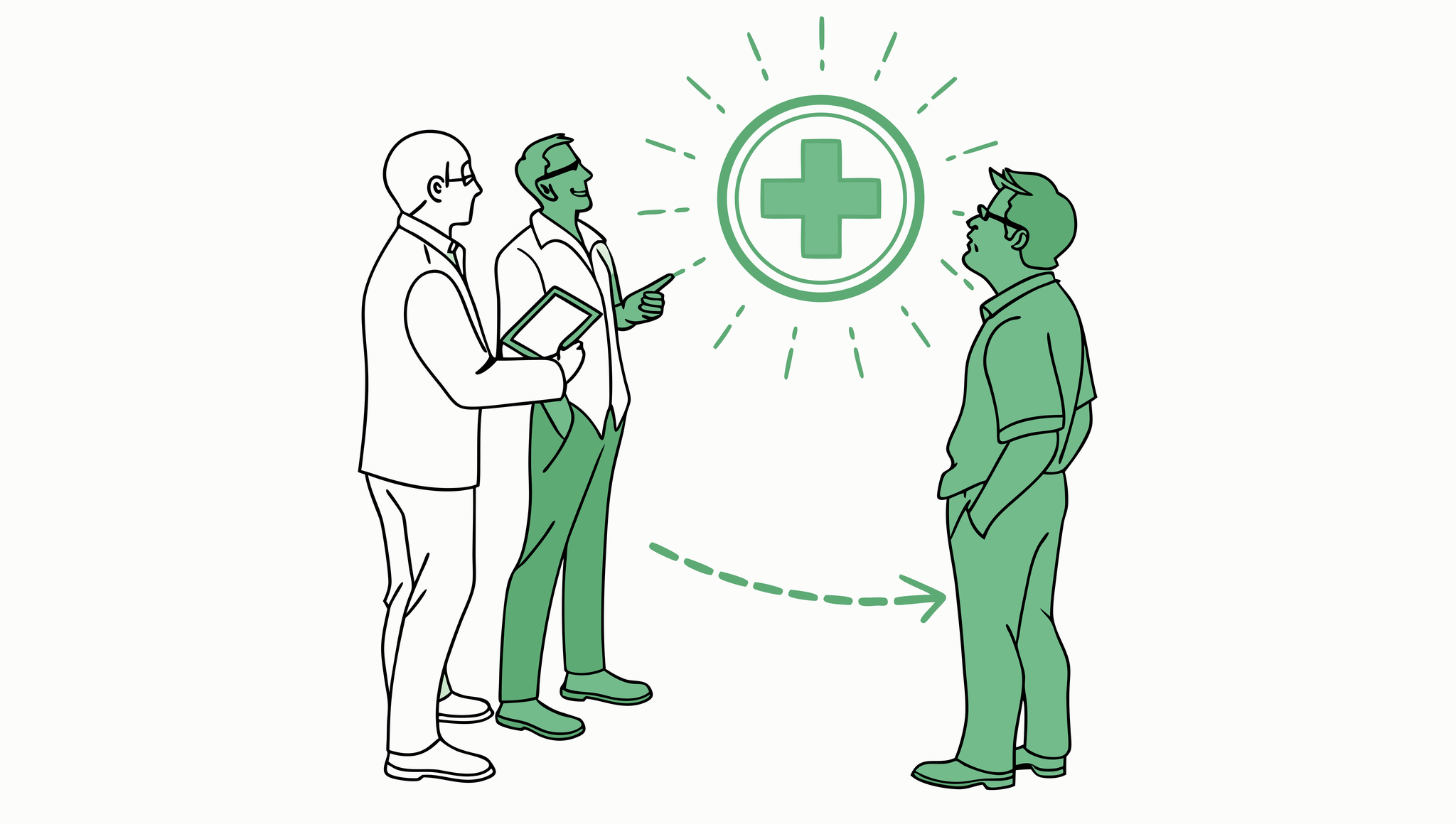 SovDoc illustration of healthcare advisors consulting on radiology practice mergers and acquisitions, with symbolic elements representing growth in medical practice valuation.
