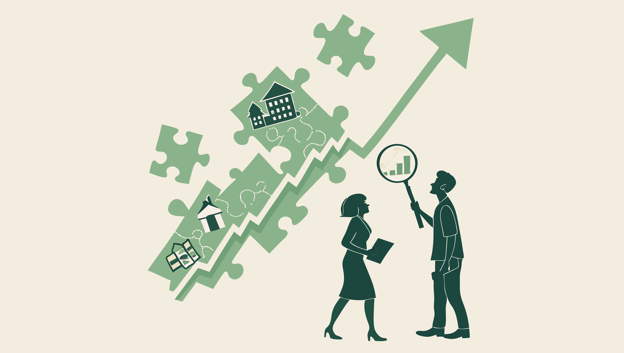 Stylized illustration showing interconnected puzzle pieces representing healthcare facility integration, with abstract business figures analyzing mergers and acquisitions in School & Community-Based ABA practices. SovDoc provides specialized valuation consulting for healthcare M&A transactions.