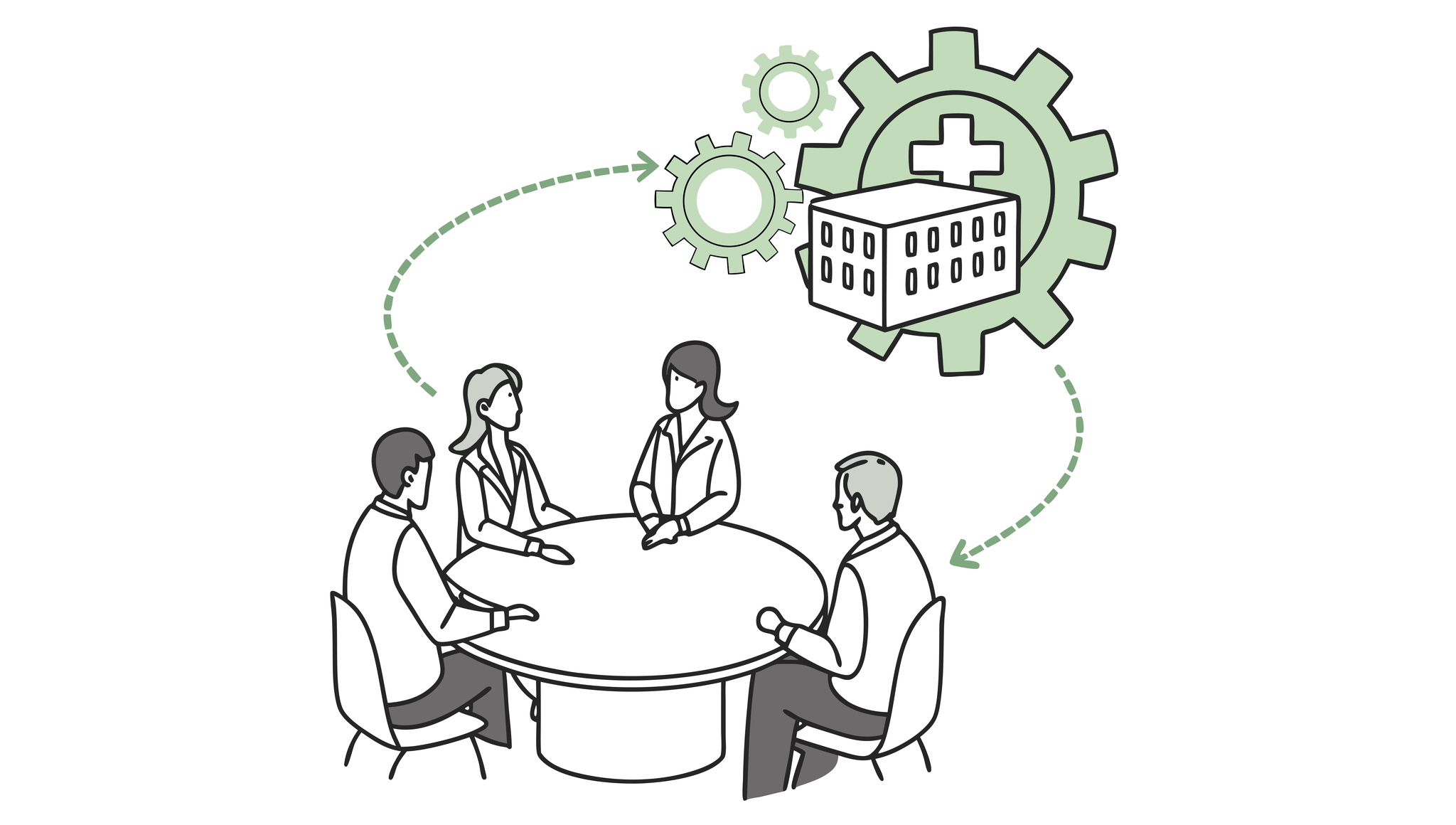 SovDoc healthcare M&A consultation - Silhouetted advisors around a table connected to a skilled nursing facility symbol with gears overhead, representing specialized valuation services for SNF mergers and acquisitions in healthcare organizations.