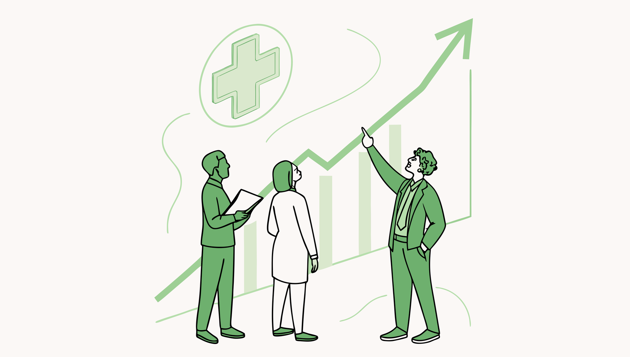 Business professionals discussing growth metrics for sports medicine clinic valuations. SovDoc healthcare M&A consultants analyzing performance therapy practice mergers and acquisitions opportunities.