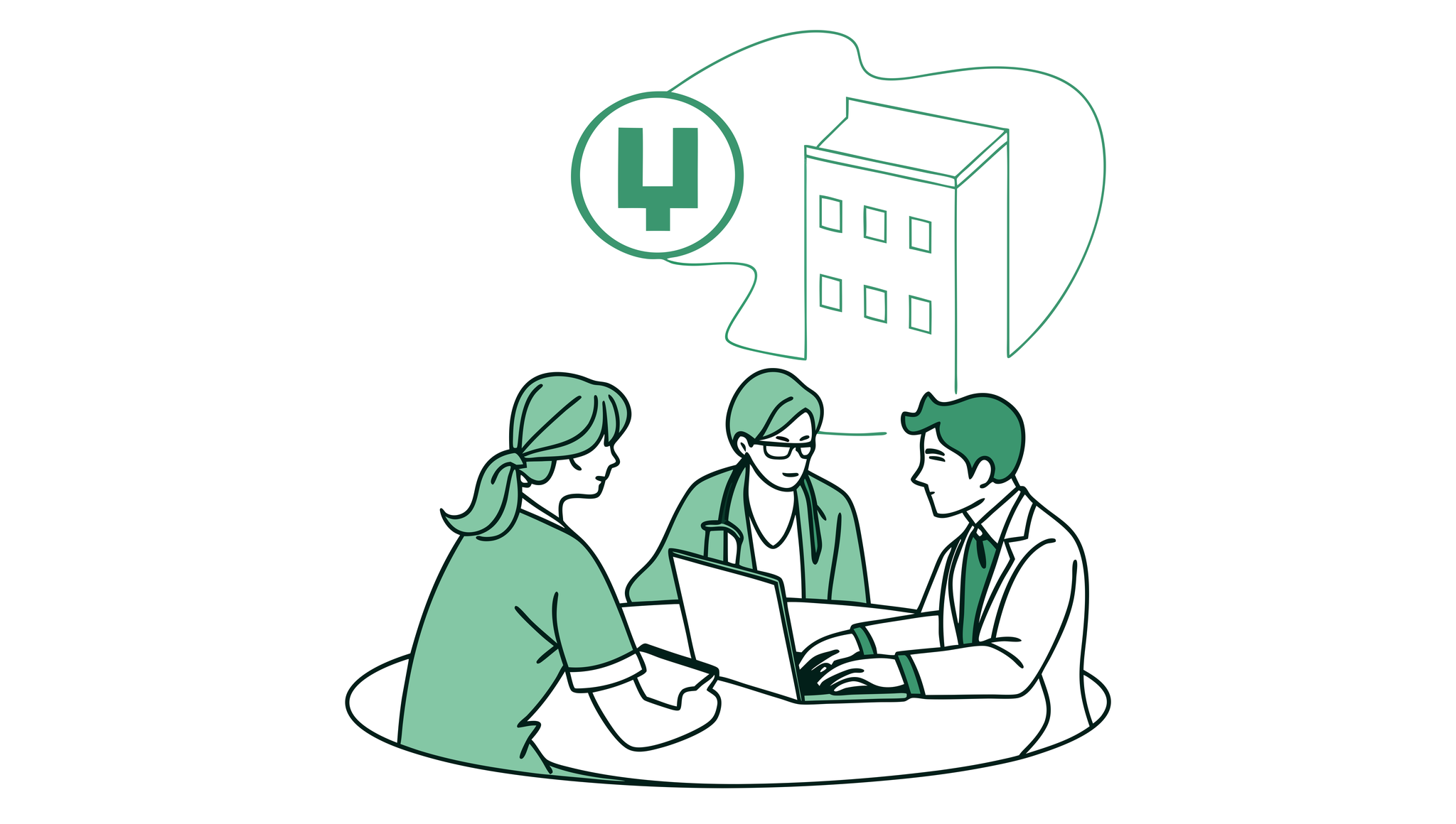 Stylized illustration of valuation consultants collaborating around a table discussing urgent care clinic valuations for mergers and acquisitions - SovDoc healthcare M&A advisors supporting medical practice transactions