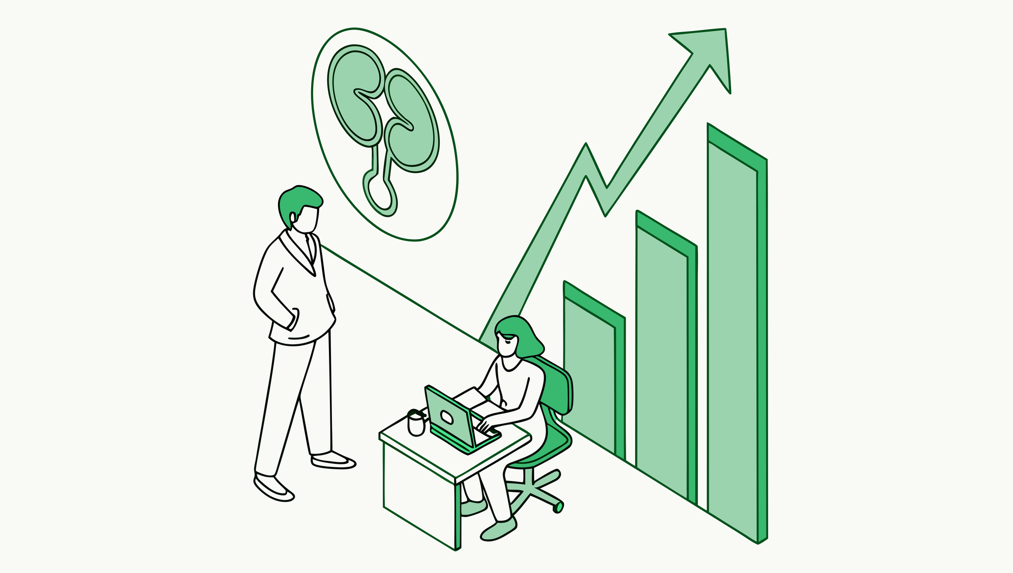 Illustration representing urology practice valuation consultants for medical mergers and acquisitions | SovDoc healthcare M&A advisory services with medical and financial elements integrated in a minimalist green design